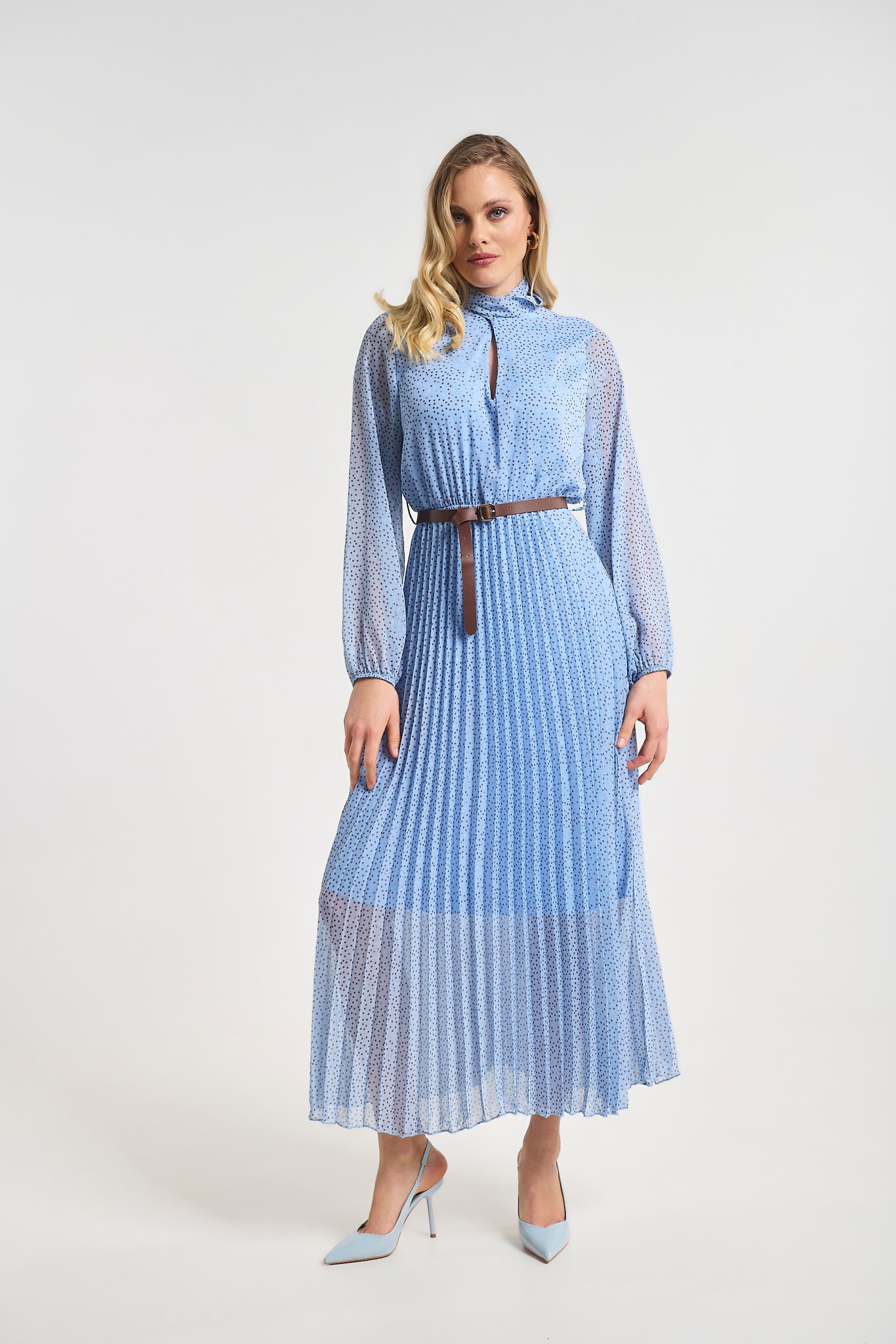 Polka Dot Pleated Midi Dress with Belt