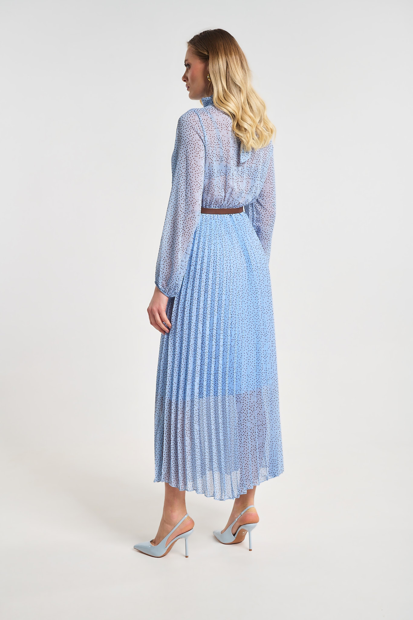 Polka Dot Pleated Midi Dress with Belt