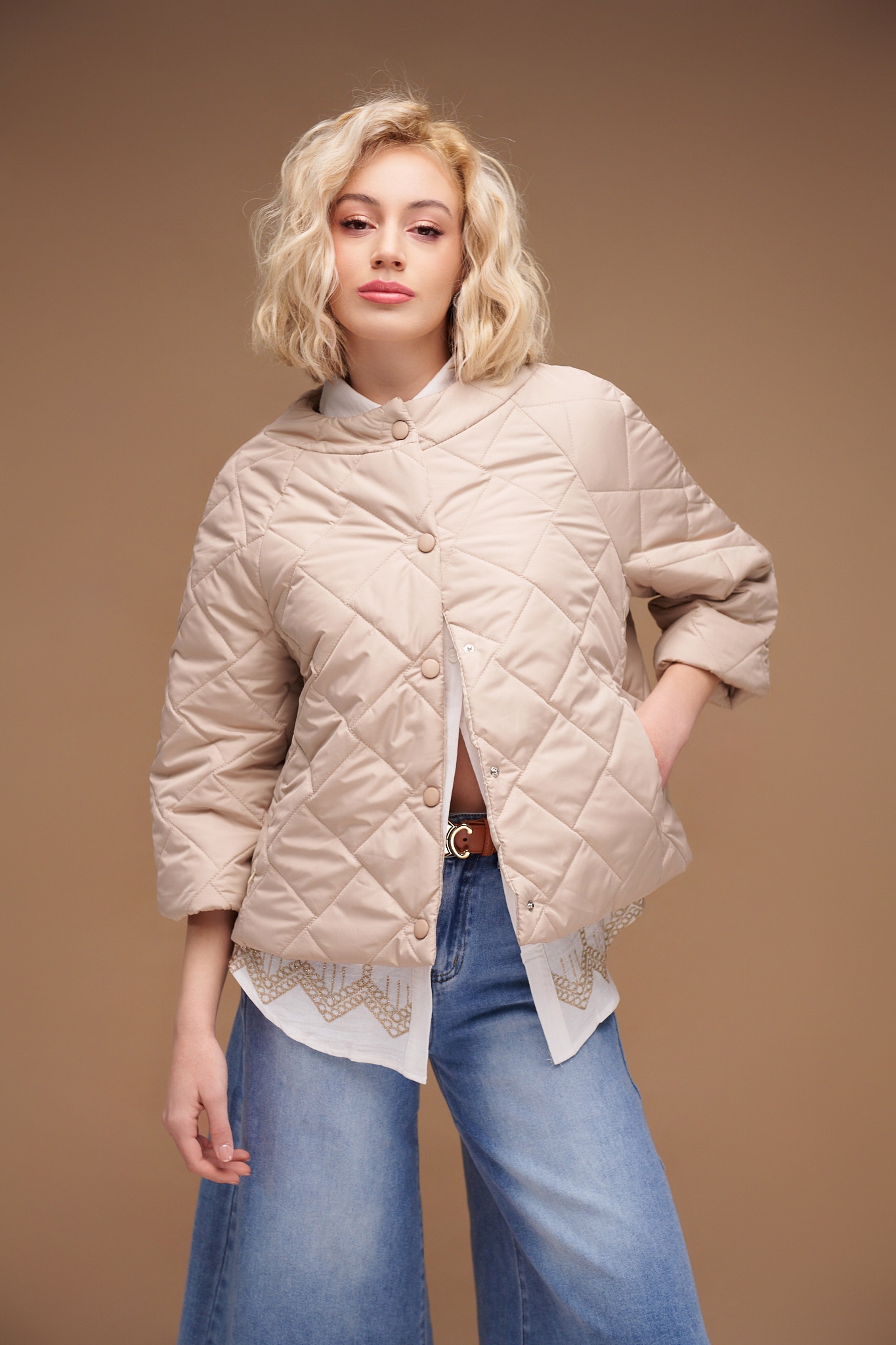 Women’s Quilted Jacket with 3/4 Sleeves and Hidden Pockets