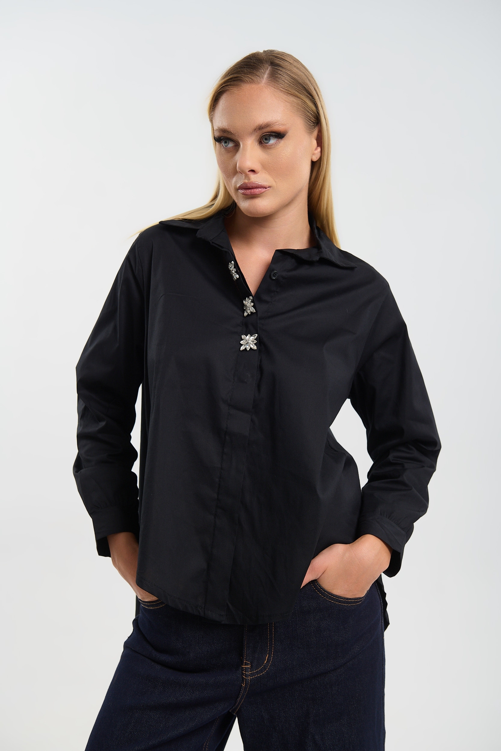 Shirt With Decorative Buttons & Asymmetrical Hem