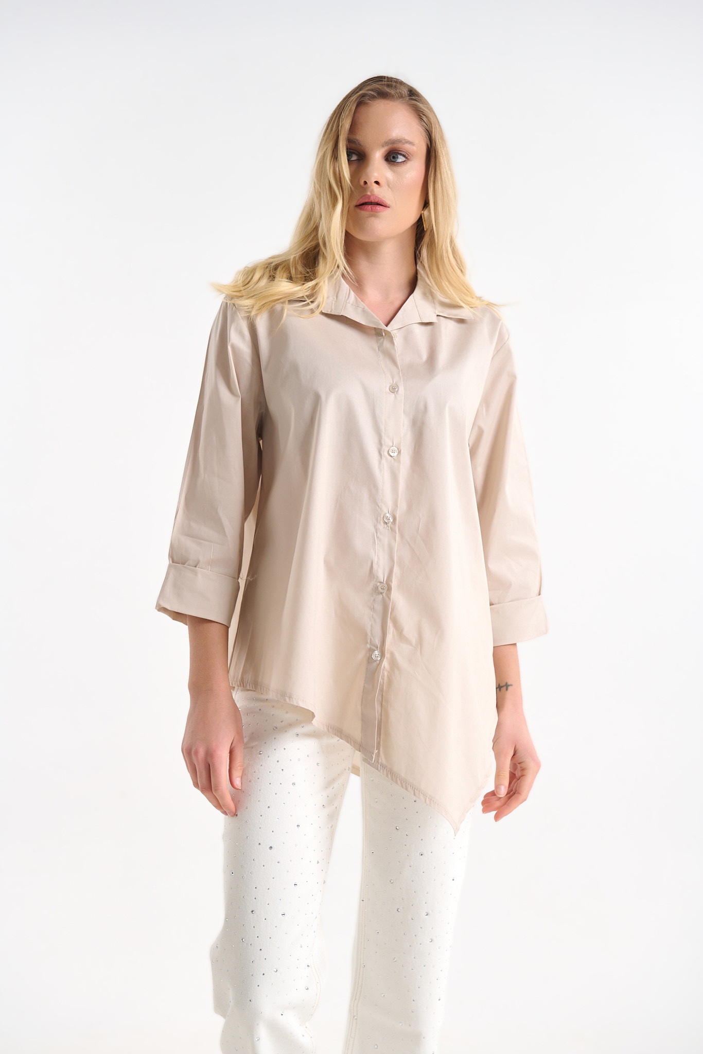 Cotton Shirt with Asymmetrical Hem