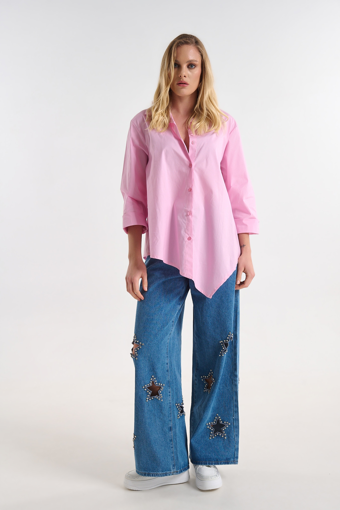 Cotton Shirt with Asymmetrical Hem