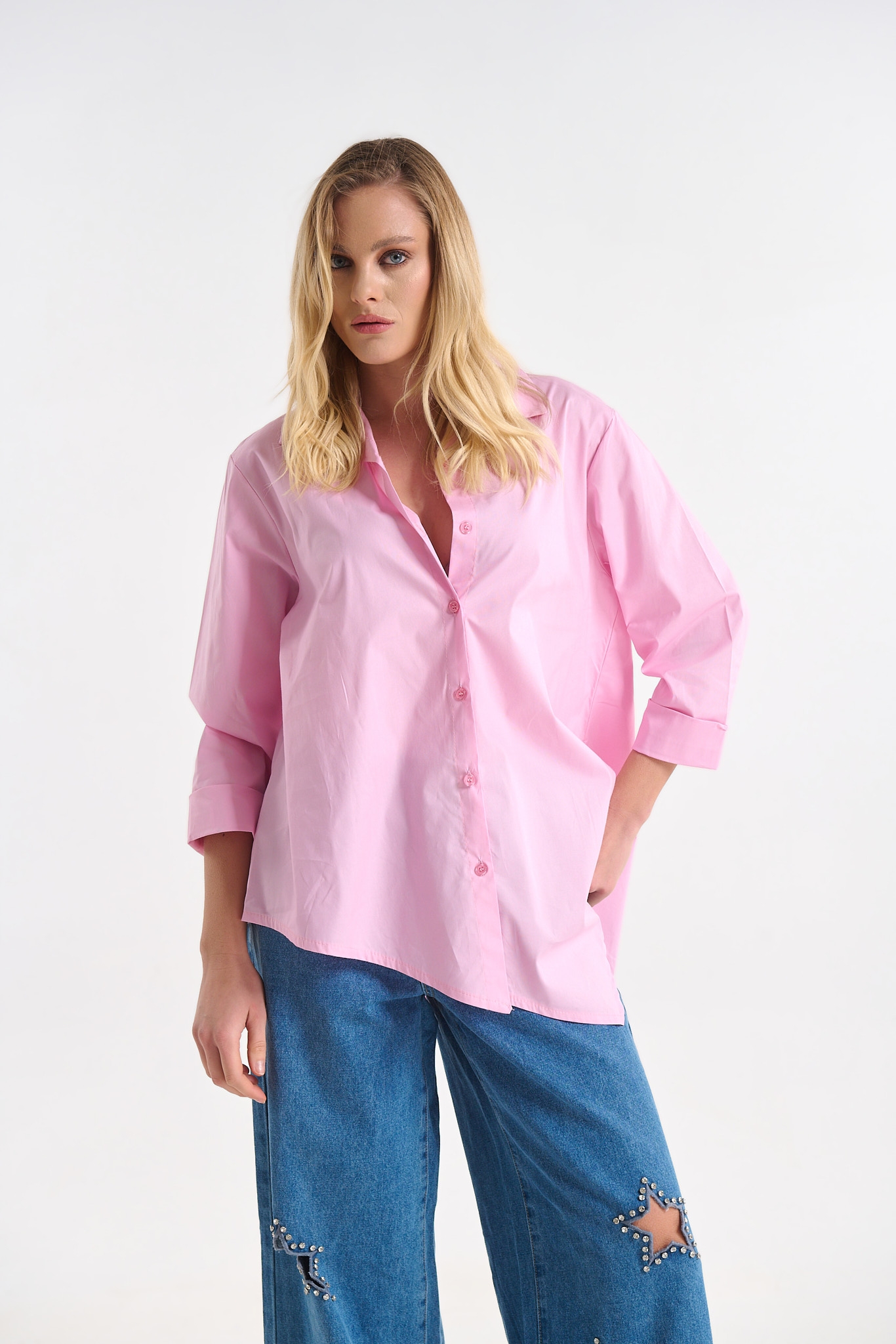 Cotton Shirt with Asymmetrical Hem