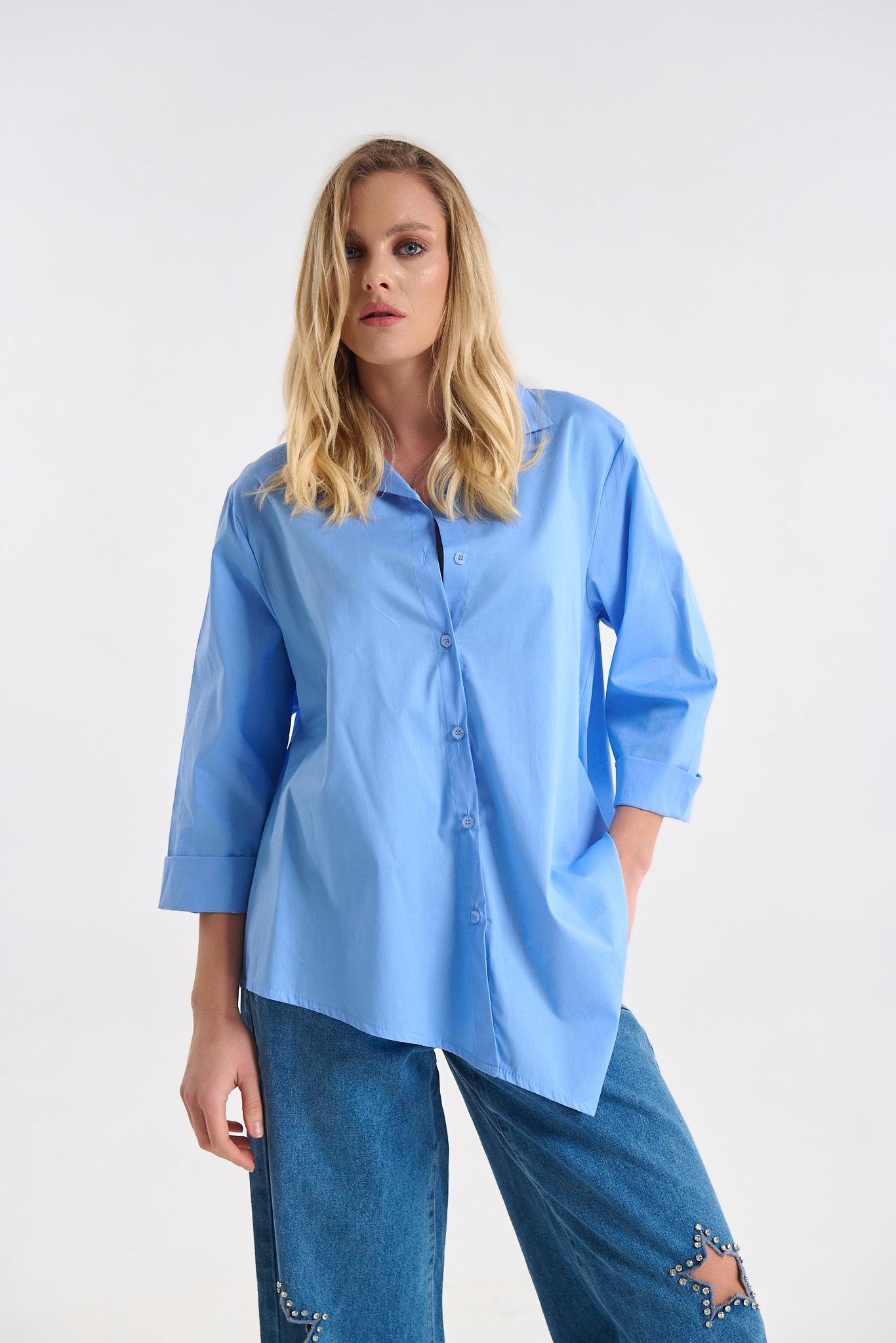 Cotton Shirt with Asymmetrical Hem