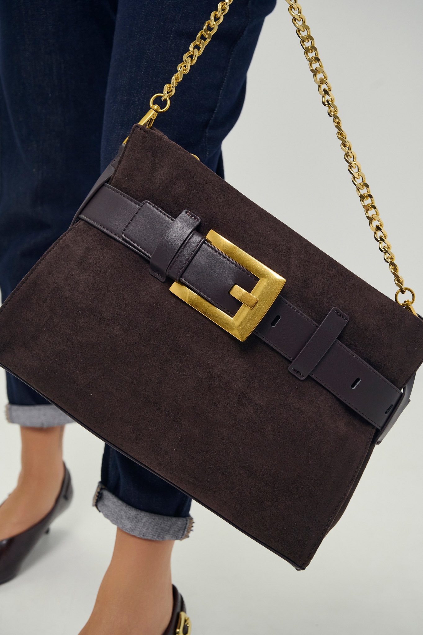 Belted Suede  Shoulder Bag