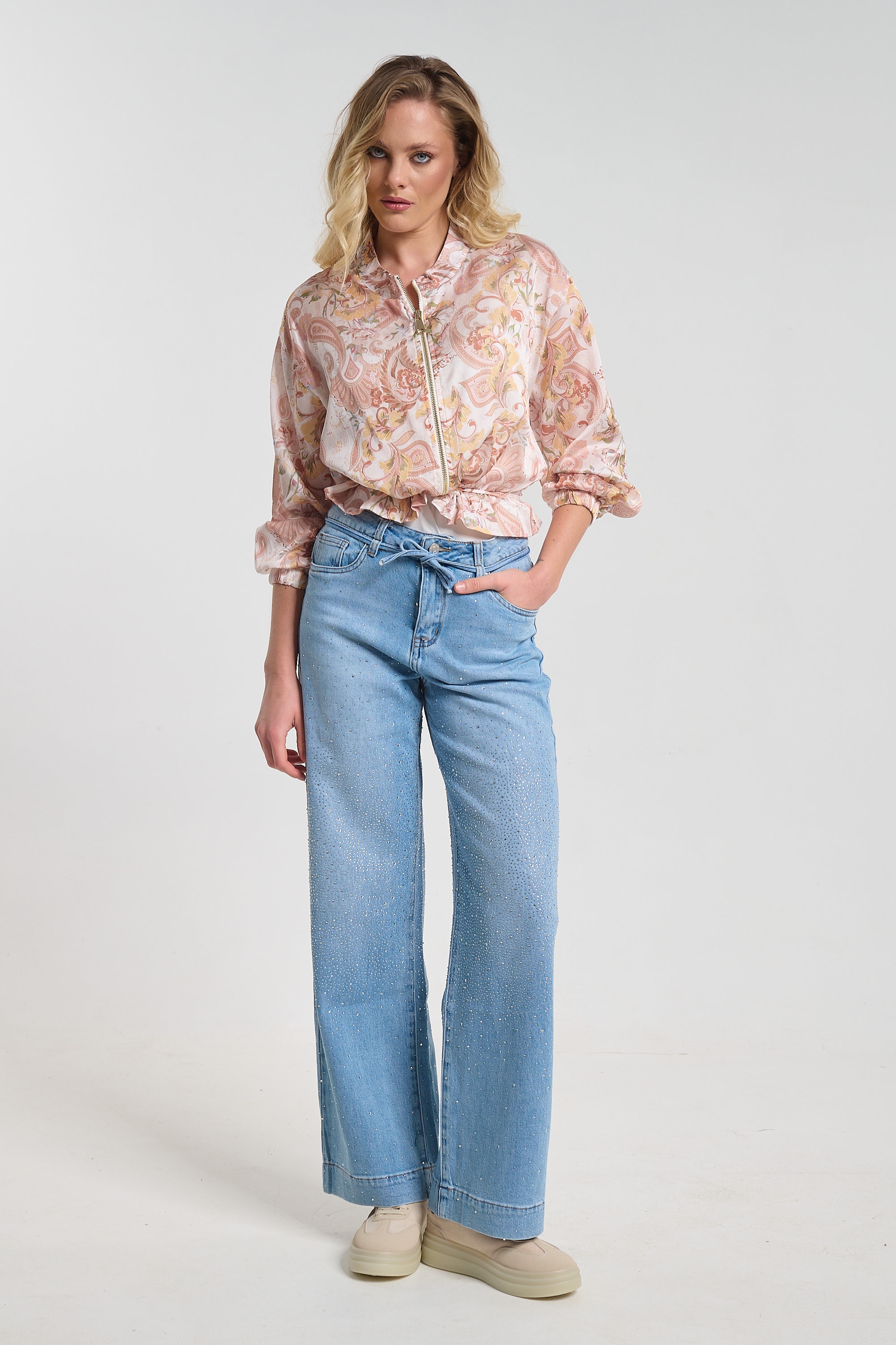 Flared Denim Jeans with Rhinestones and Drawstring Belt