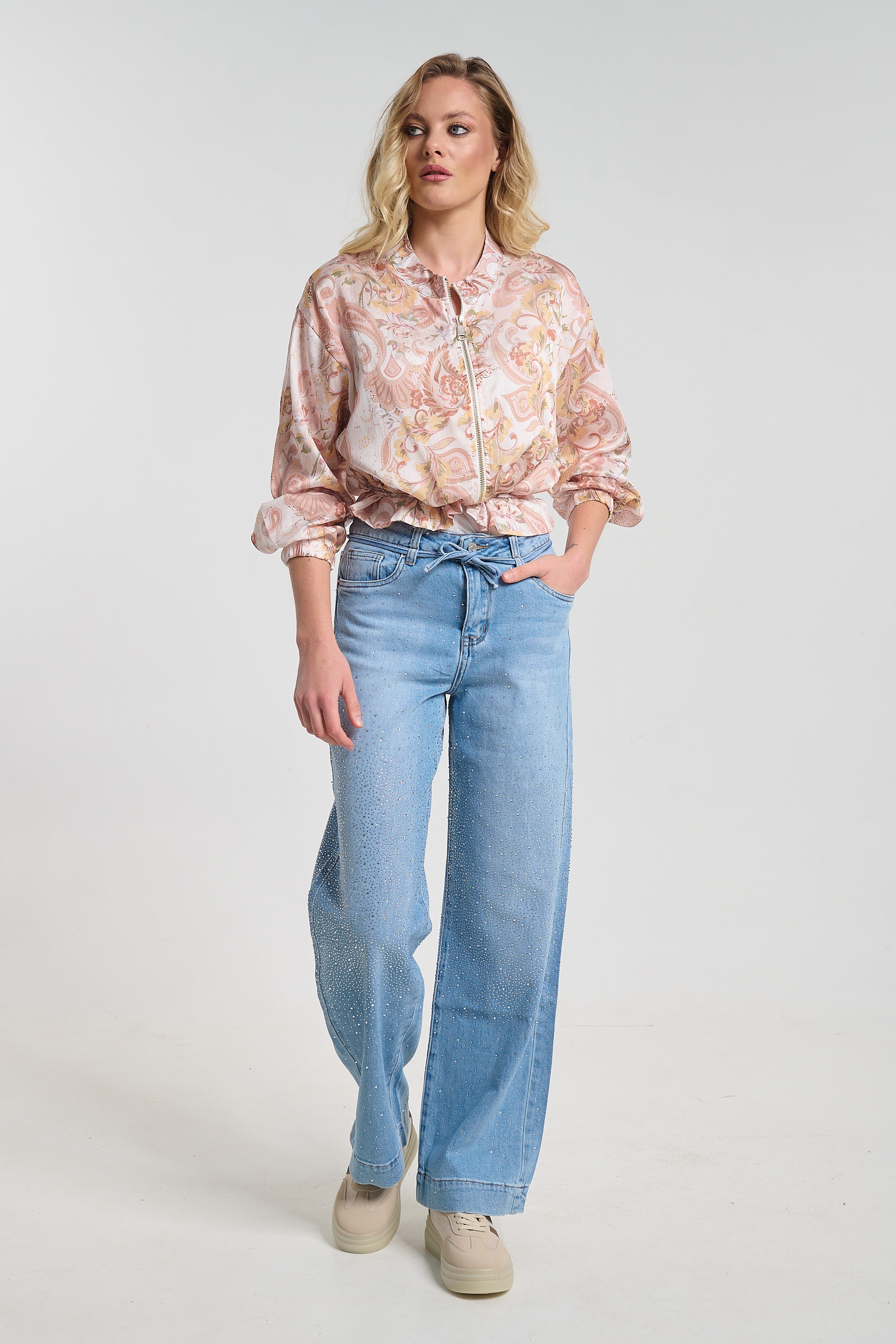 Flared Denim Jeans with Rhinestones and Drawstring Belt