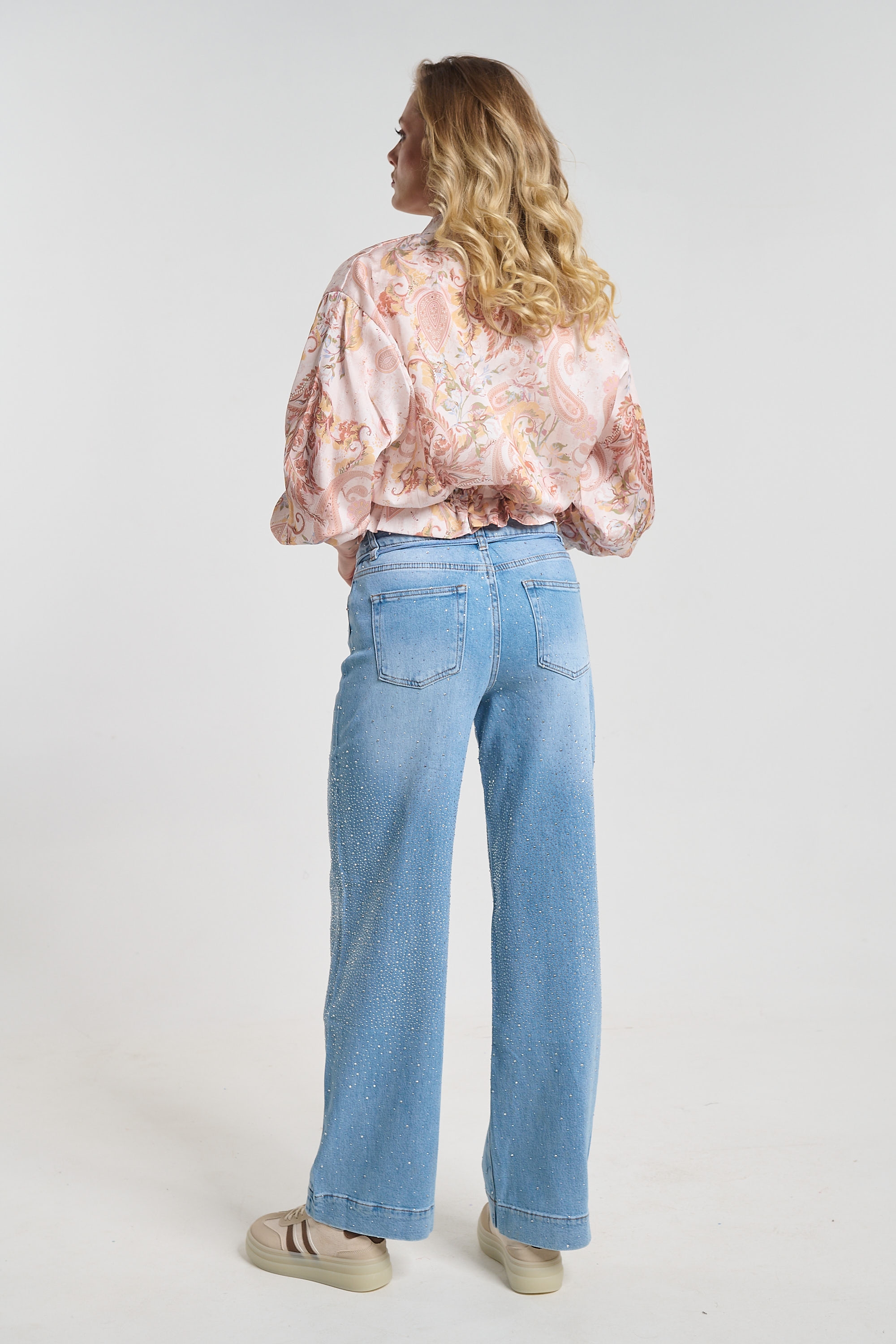 Flared Denim Jeans with Rhinestones and Drawstring Belt