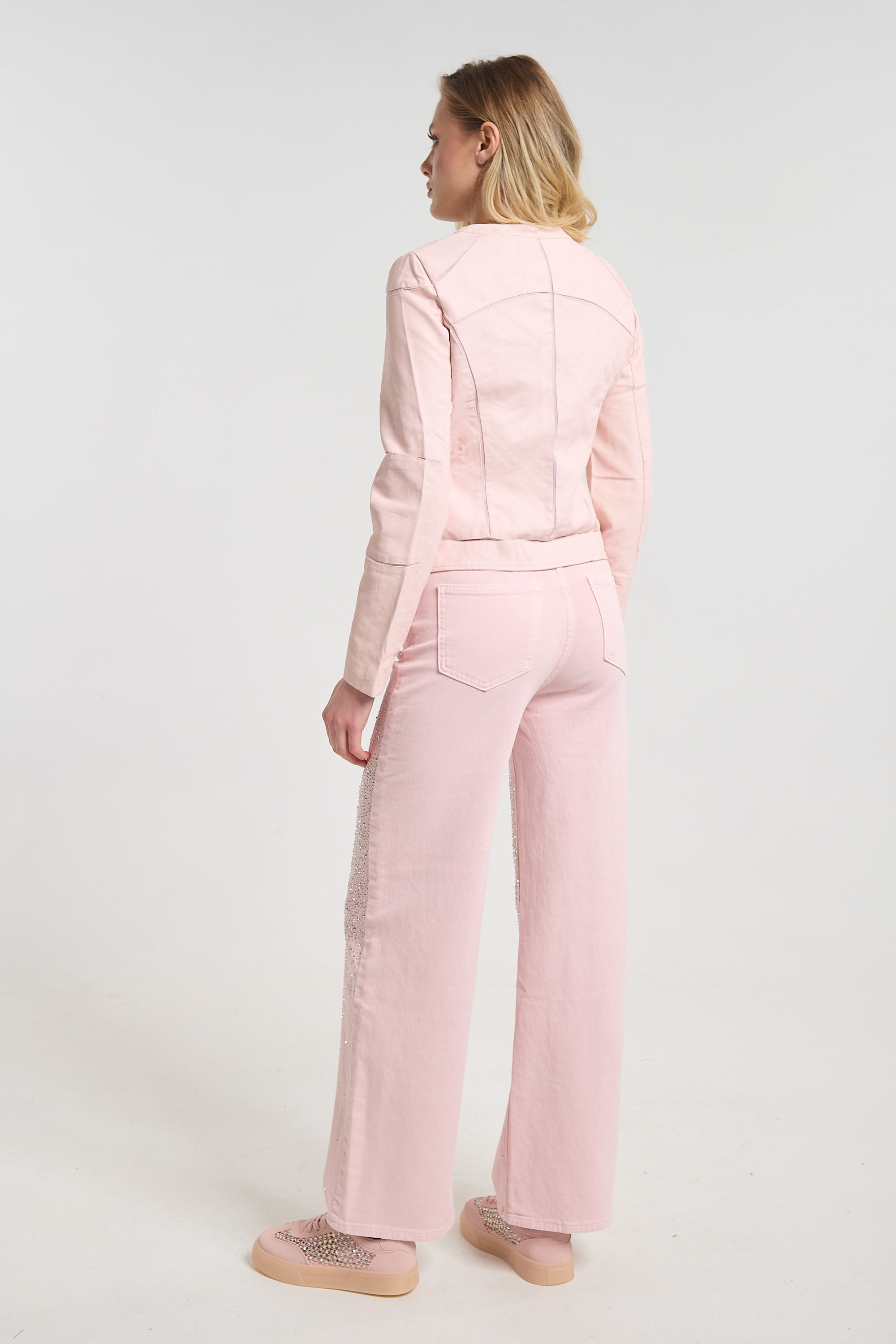 Flared Denim Jeans with Rhinestones and Slanted Button Closure