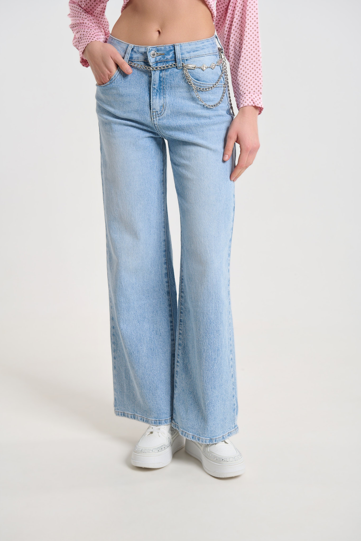 Light Blue Denim Jeans with Crystal Chain Belt