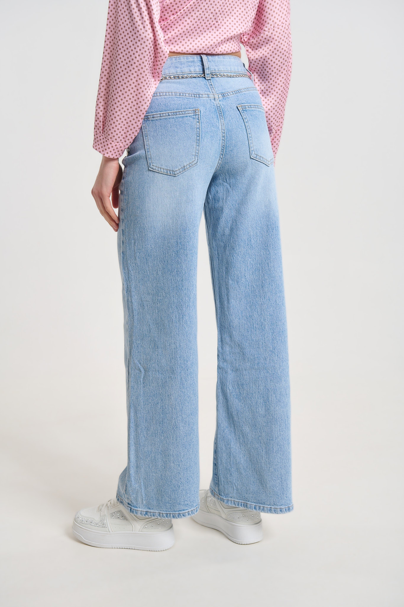 Light Blue Denim Jeans with Crystal Chain Belt