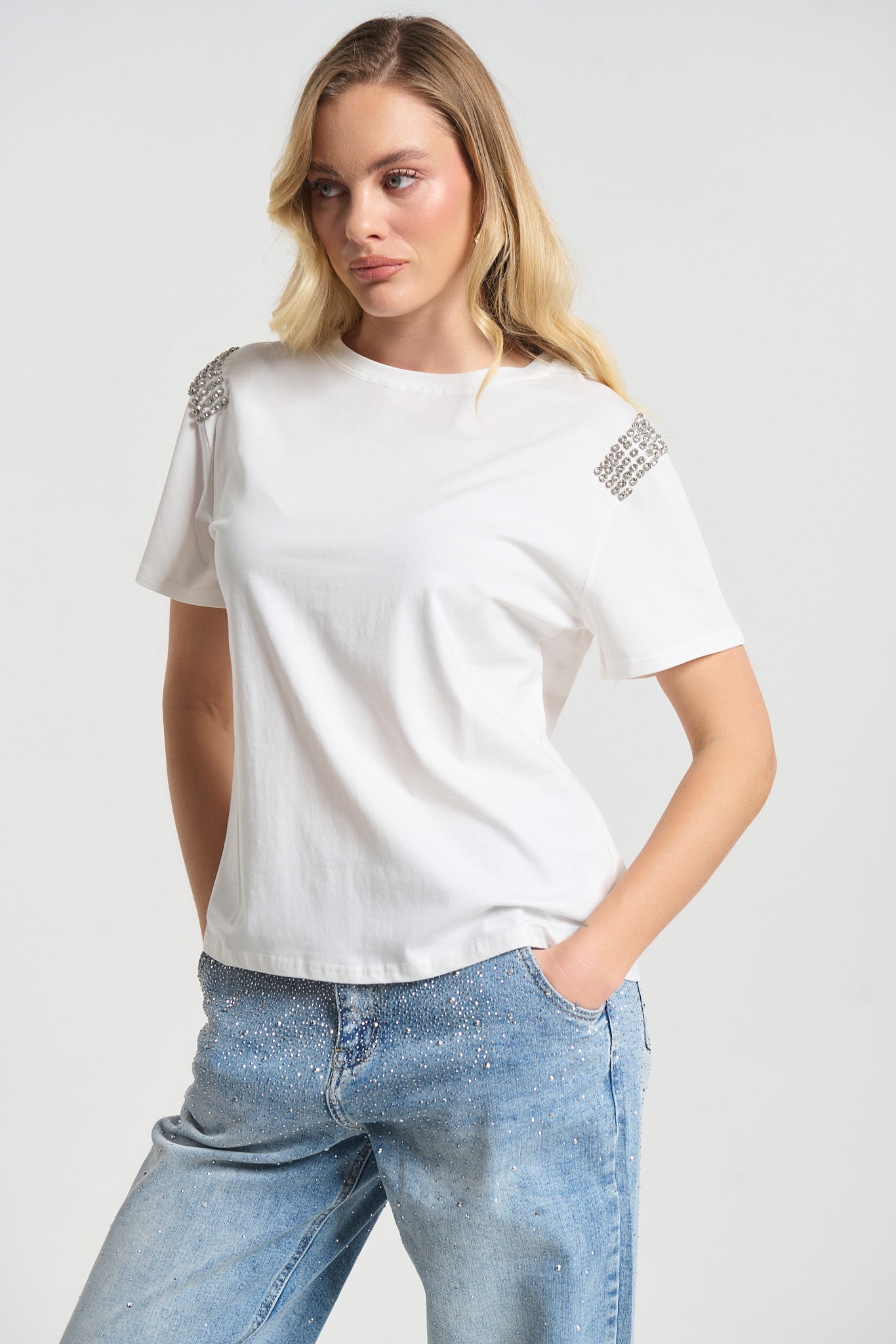 Rhinestoned Line Shoulder T-Shirt