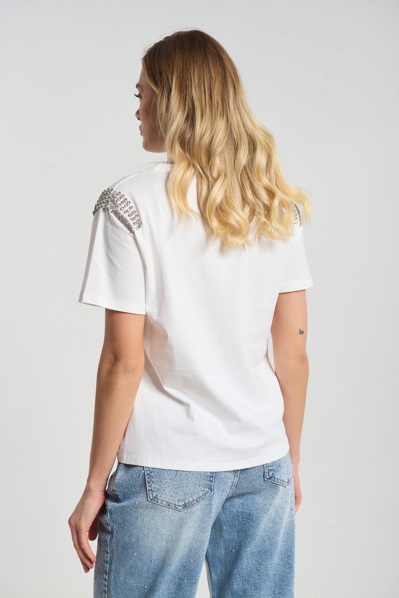 Rhinestoned Line Shoulder T-Shirt