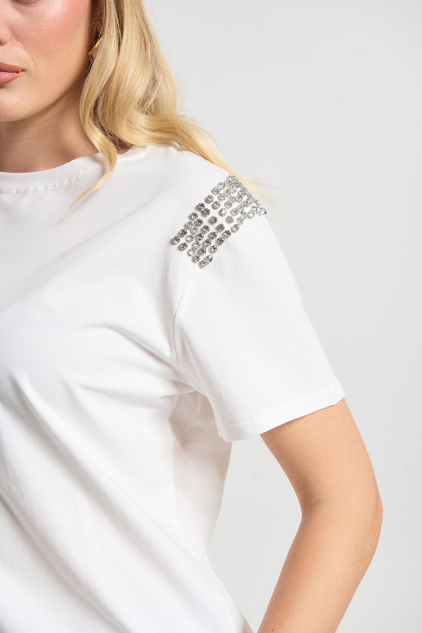 Rhinestoned Line Shoulder T-Shirt