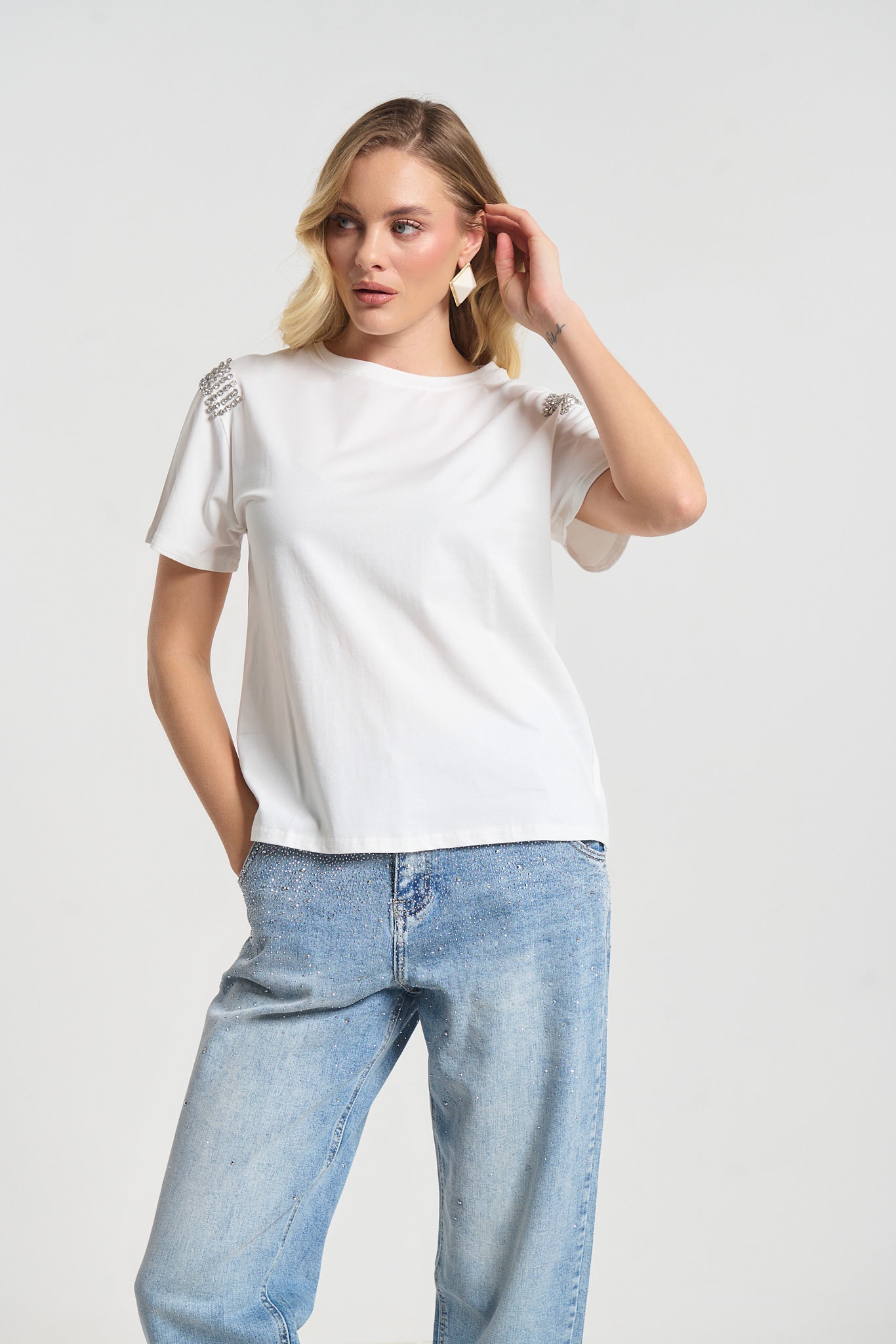 Rhinestoned Line Shoulder T-Shirt