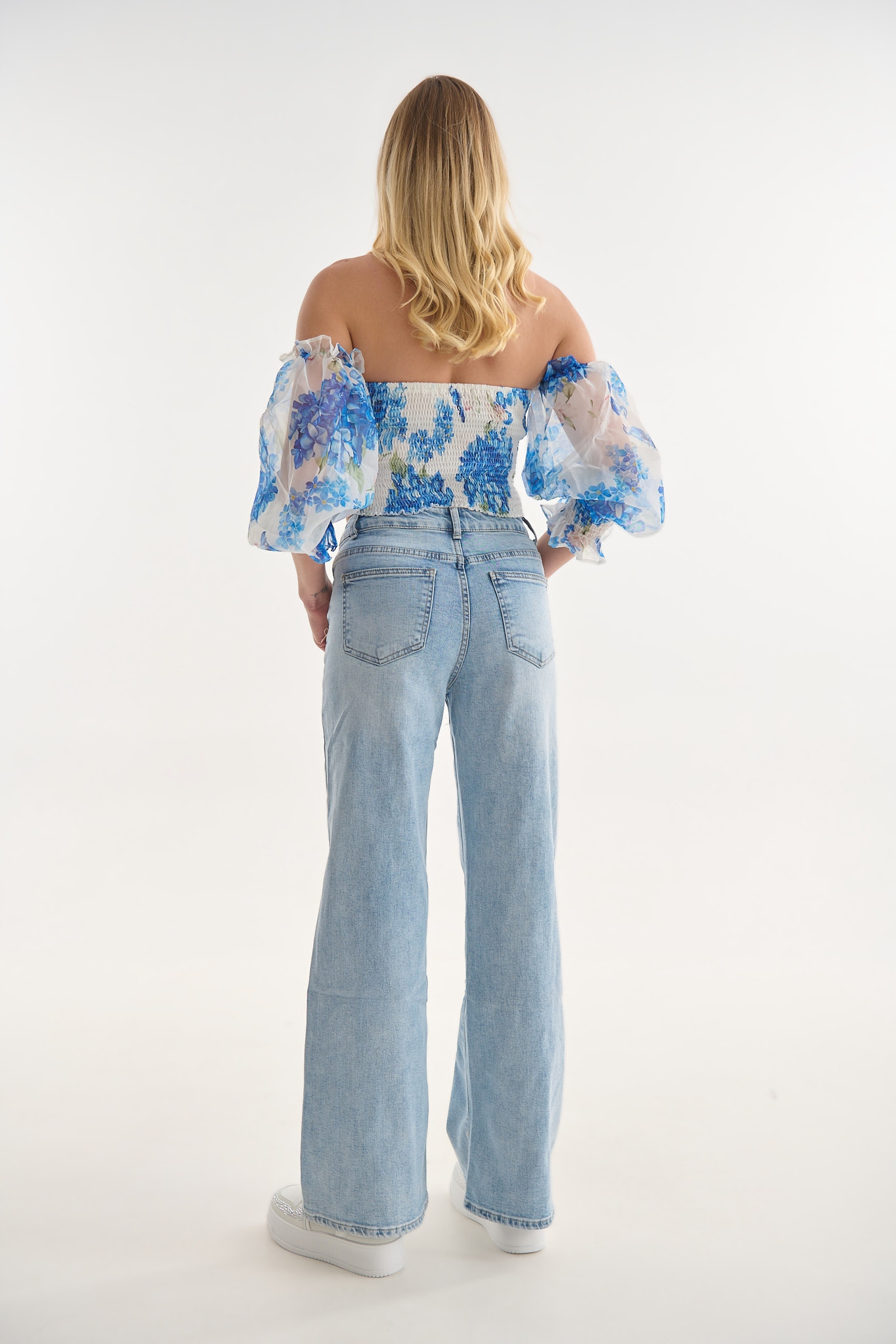 Wide Leg Jeans with Rhinestoned Buttons