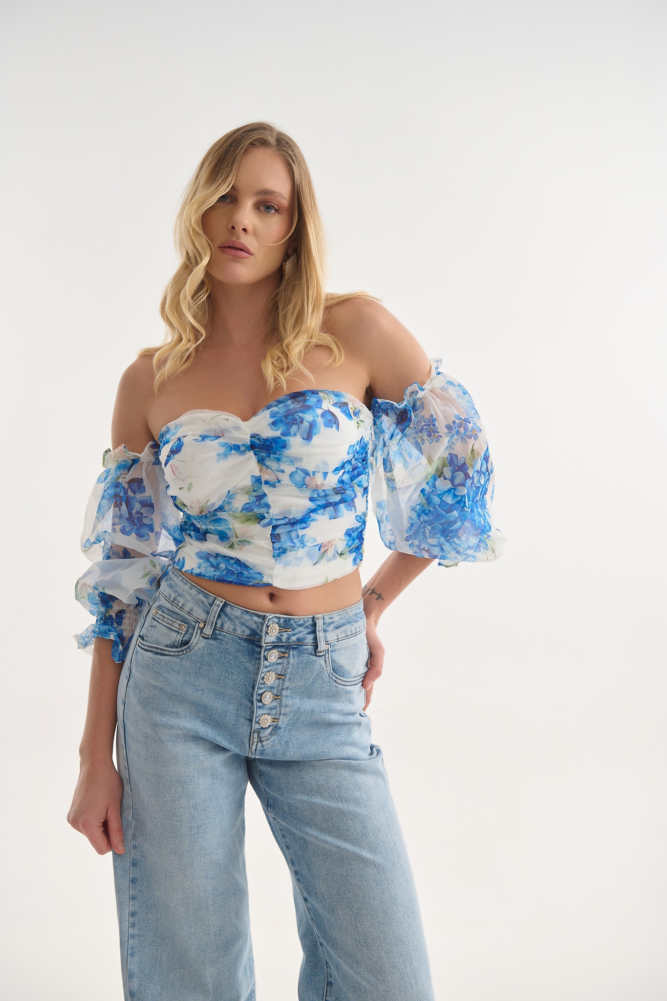 Wide Leg Jeans with Rhinestoned Buttons