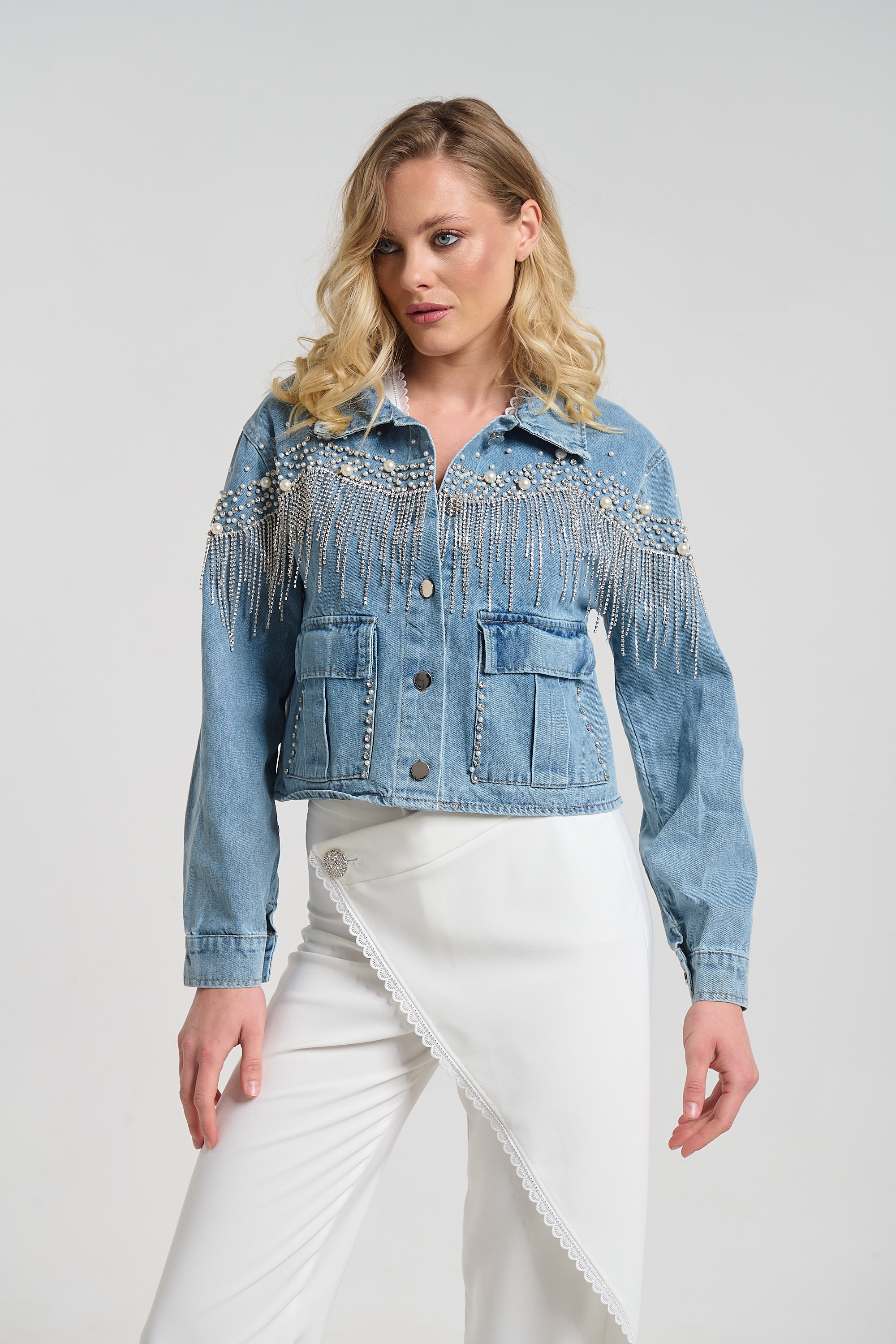 Μπουφάν Τζιν Με Πέρλες & Στρας