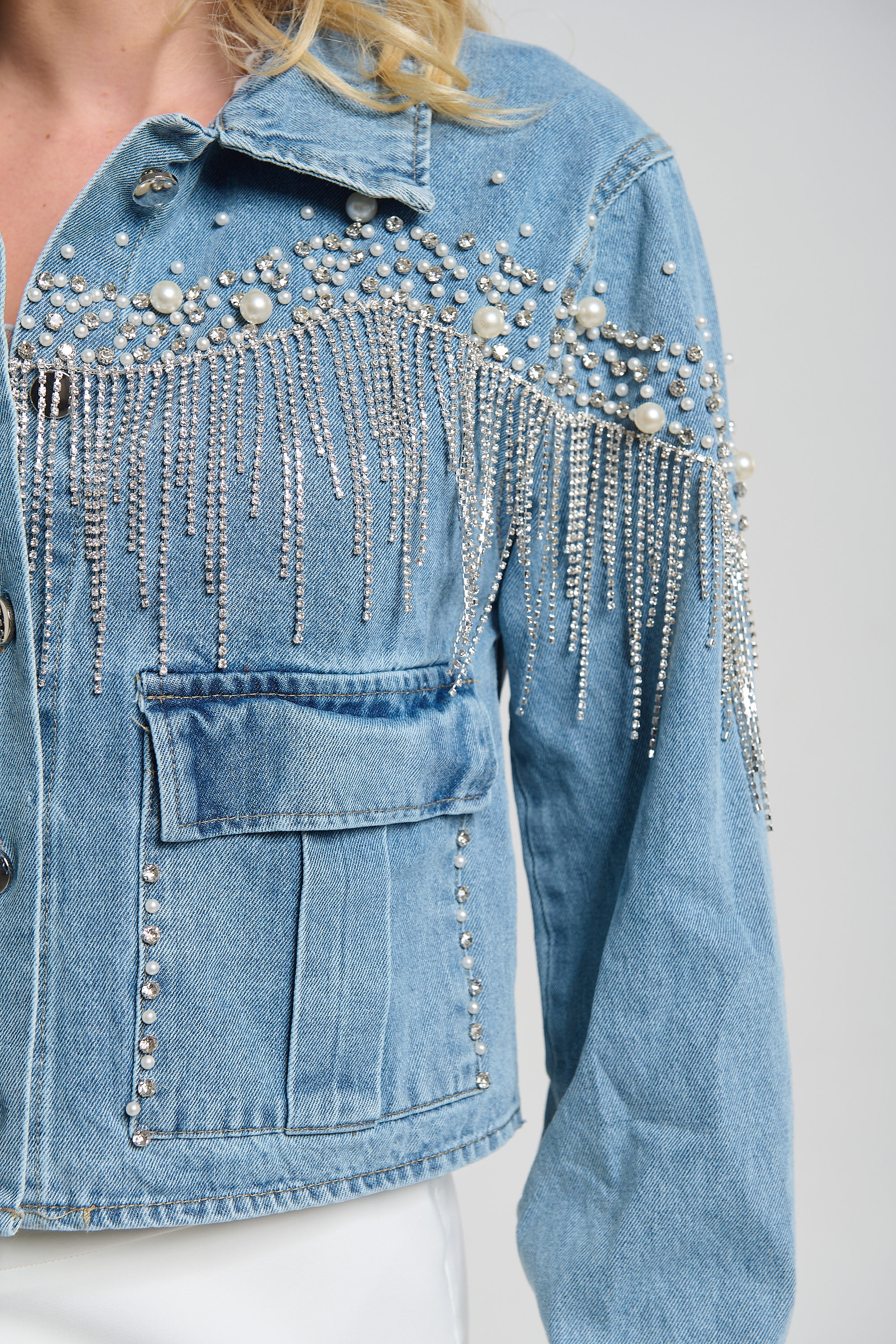 Denim Jacket with Pearl and Rhinestone Embellishments