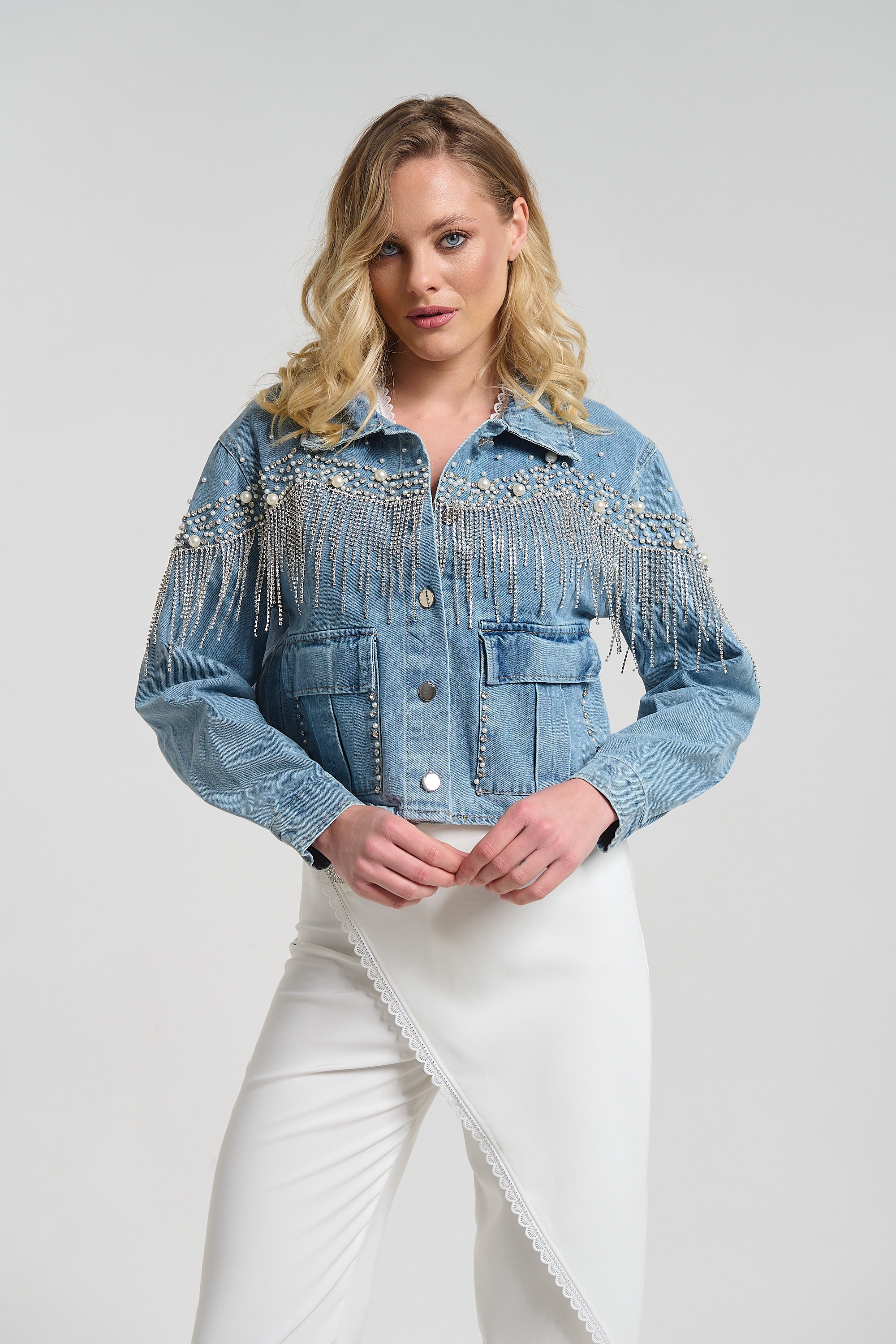 Denim Jacket with Pearl and Rhinestone Embellishments
