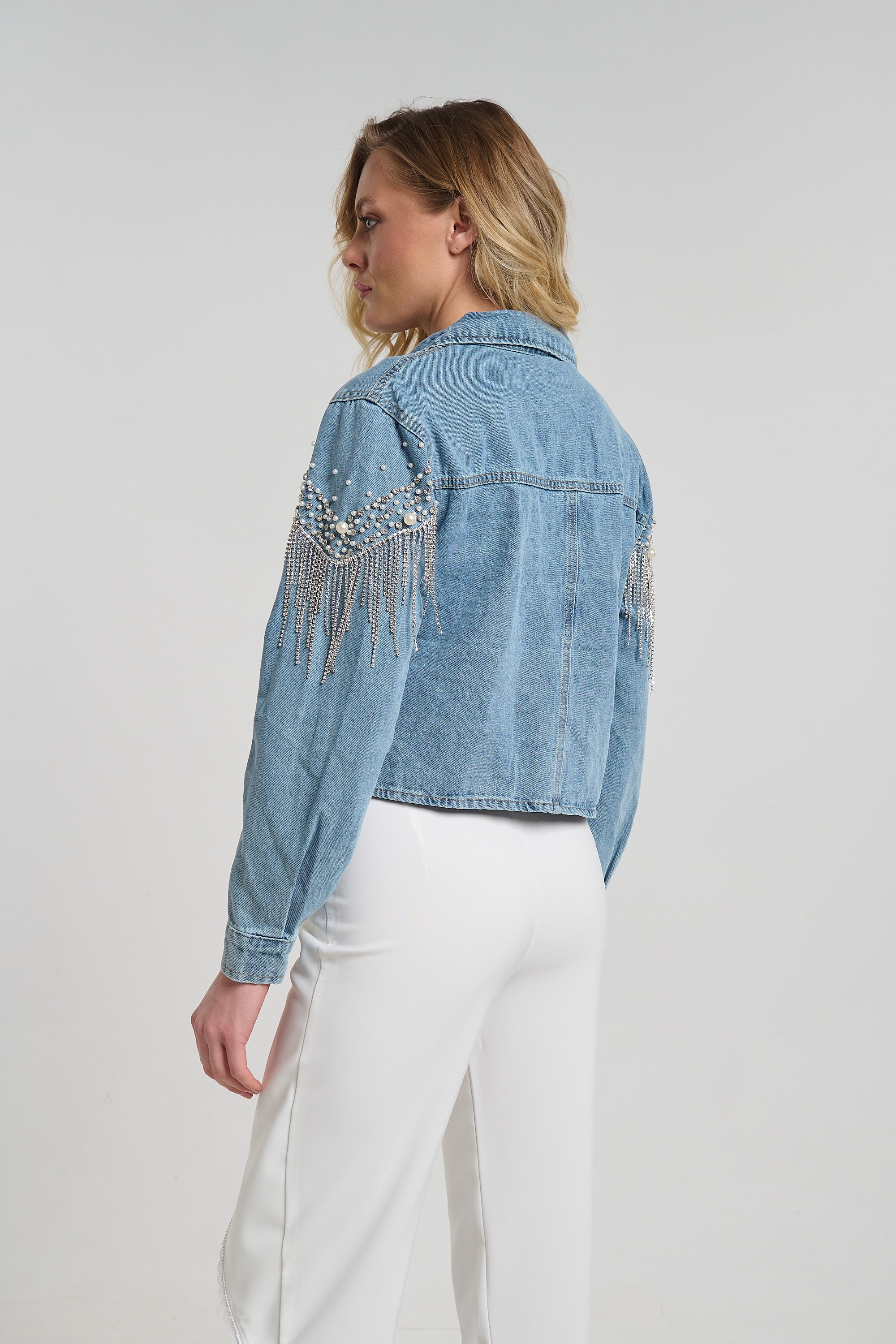 Denim Jacket with Pearl and Rhinestone Embellishments