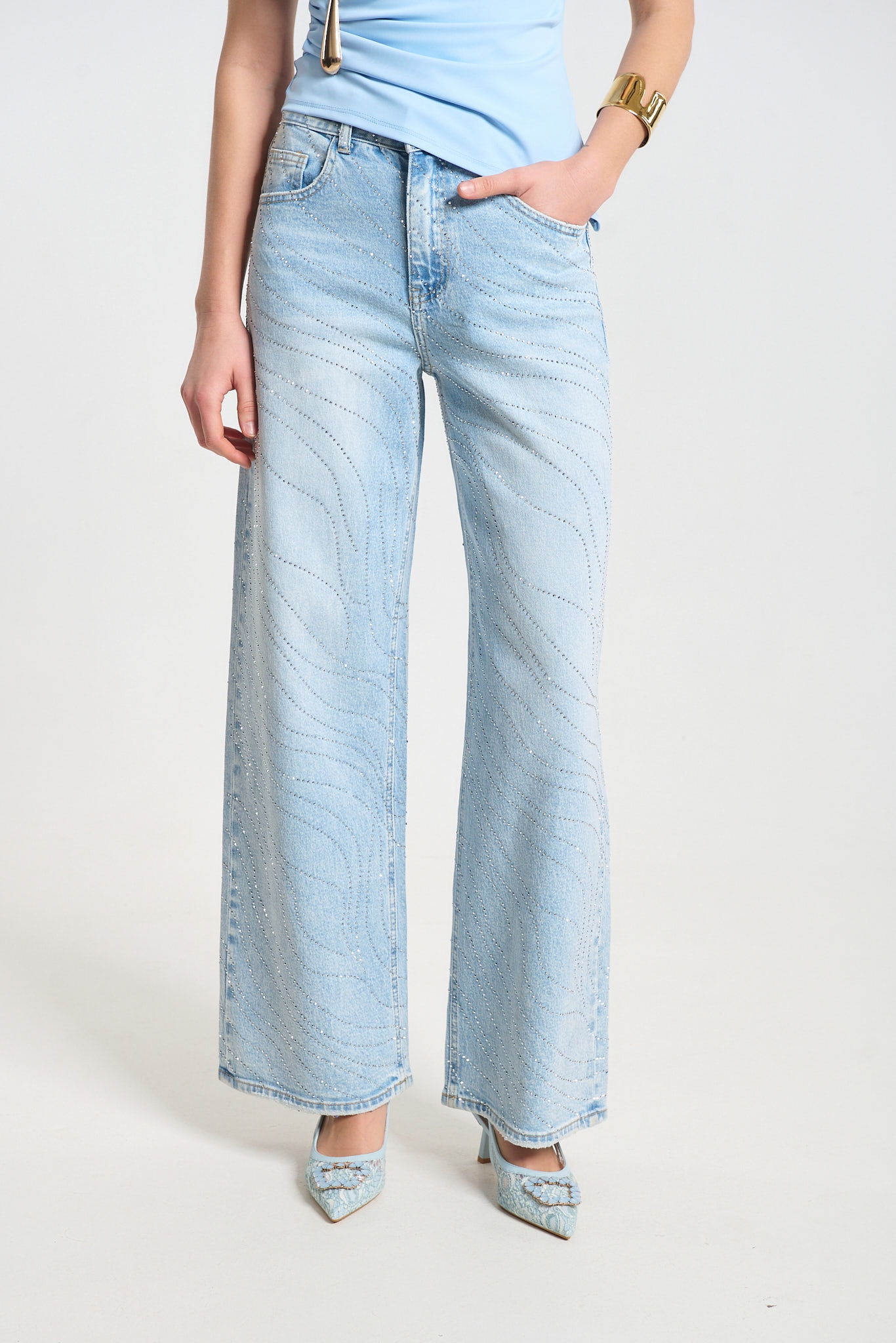 Light Blue Wide-Leg Denim Jeans with Crystal Embellishments
