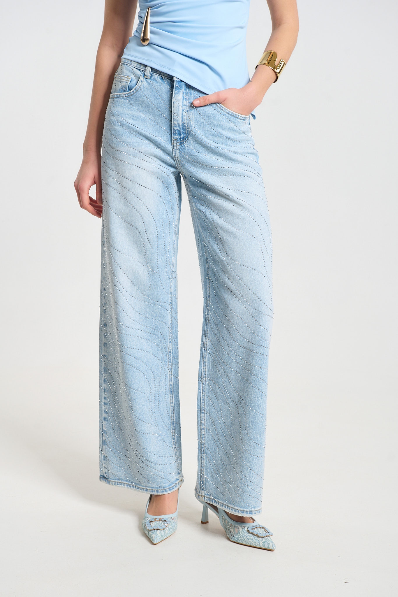 Light Blue Wide-Leg Denim Jeans with Crystal Embellishments