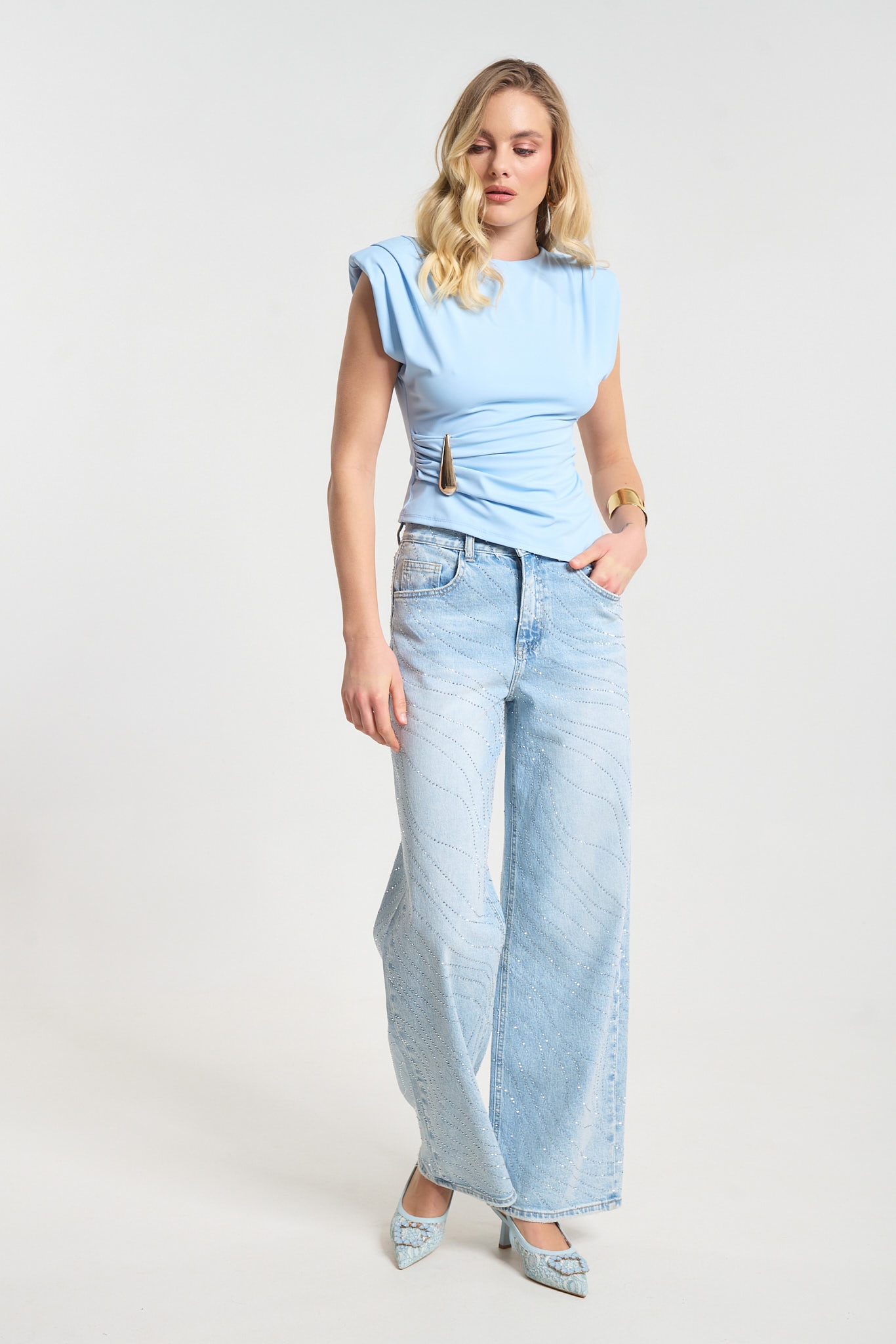 Light Blue Wide-Leg Denim Jeans with Crystal Embellishments