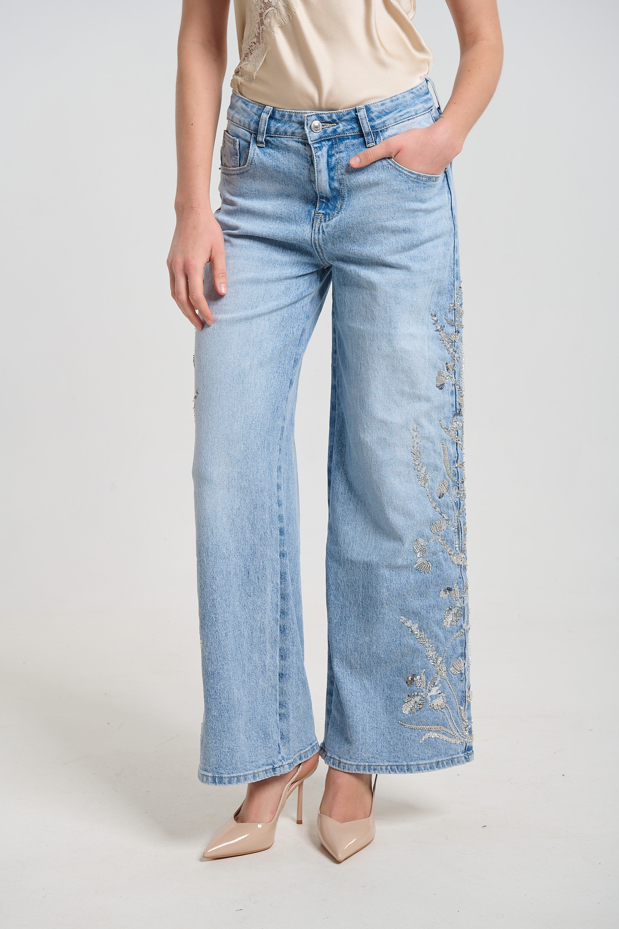 Flared Denim Jeans with Beaded Side Design