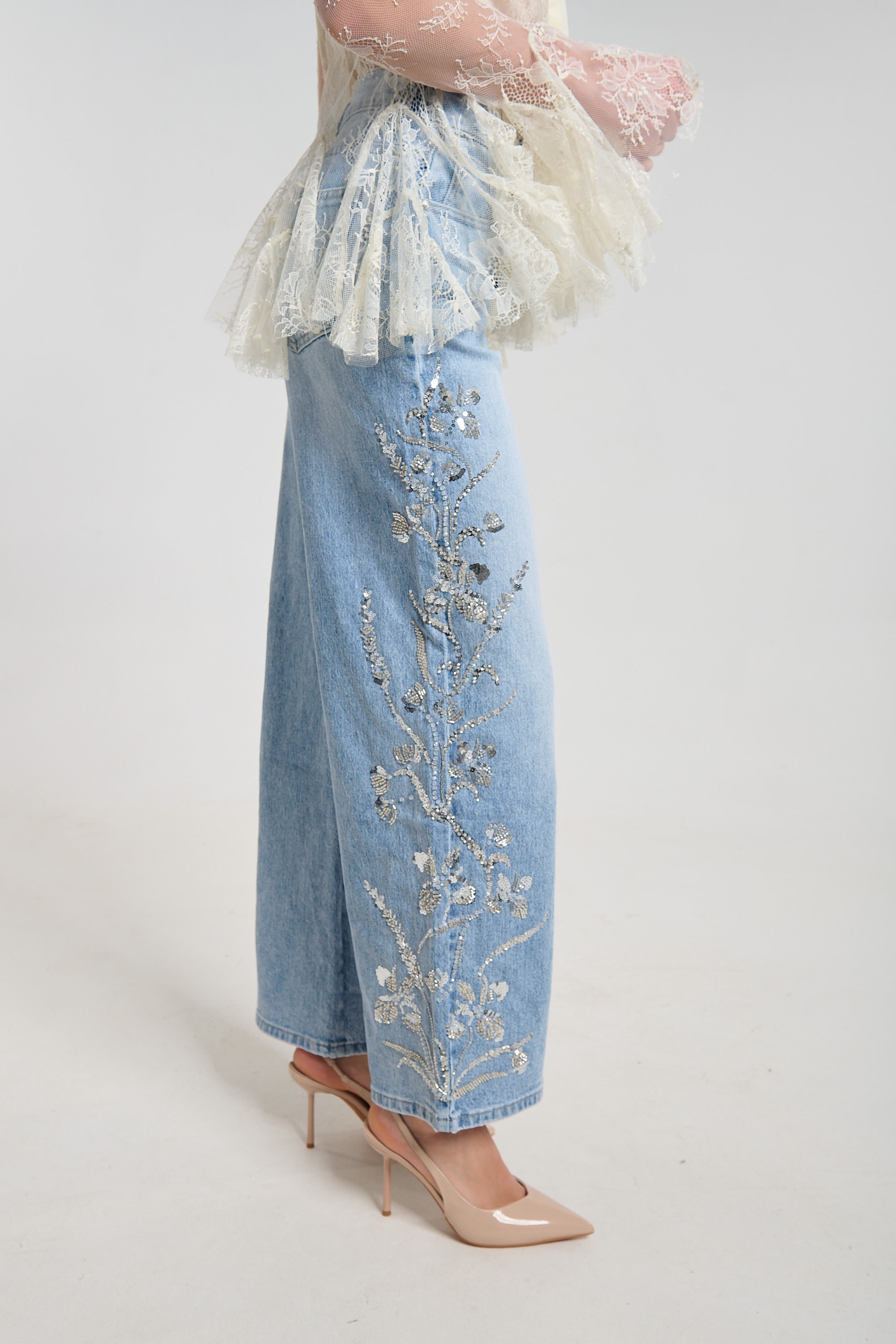 Flared Denim Jeans with Beaded Side Design