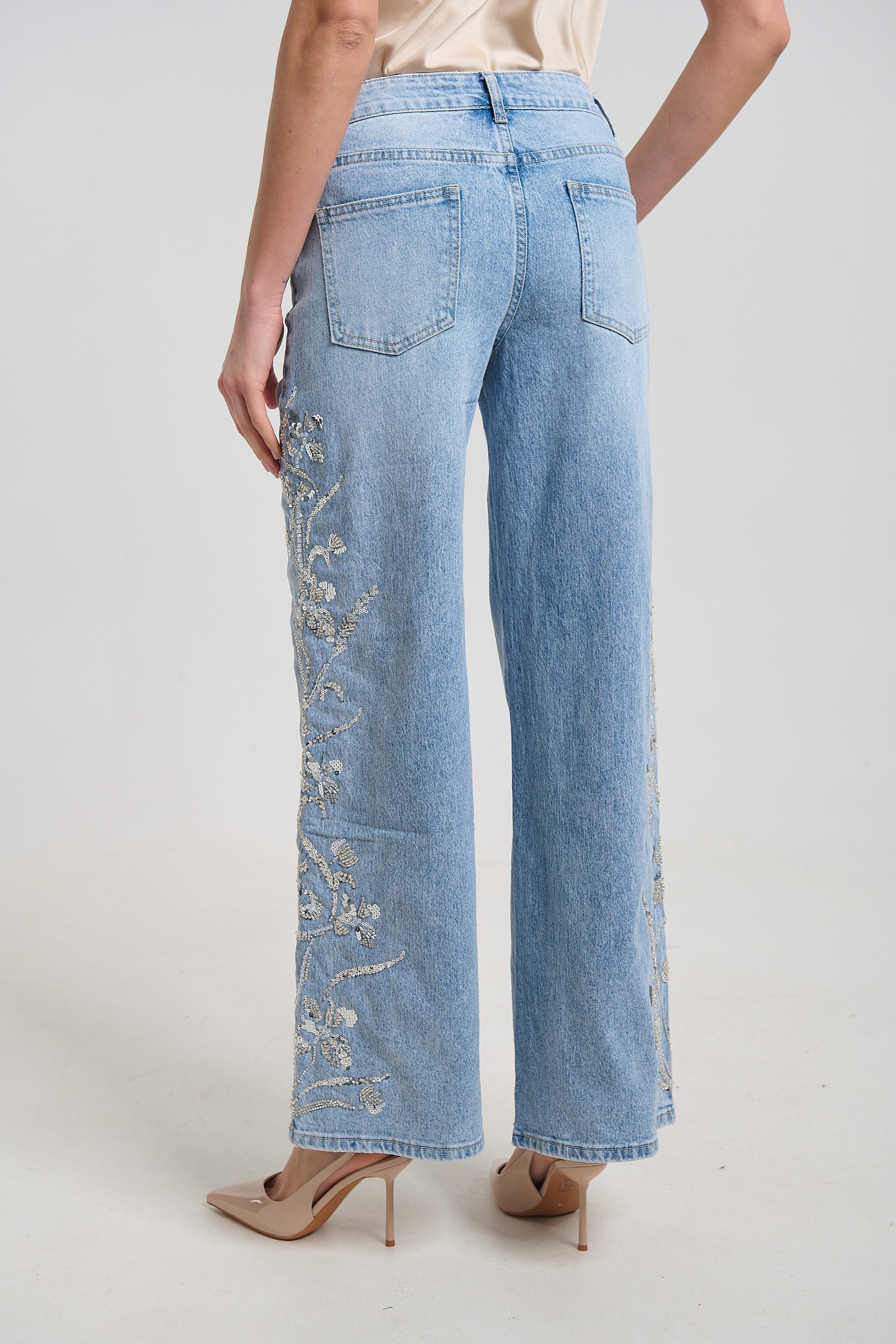 Flared Denim Jeans with Beaded Side Design