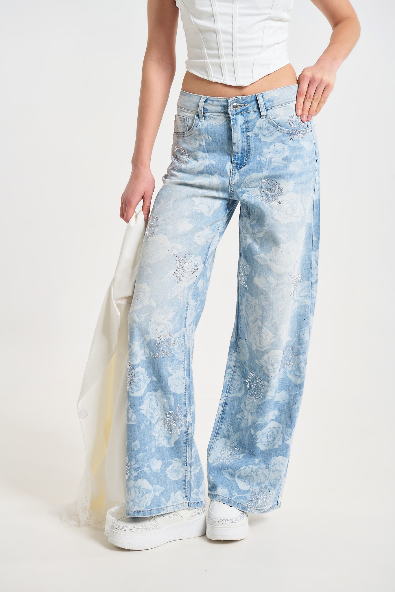 Light Blue Floral Print Wide-Leg Denim Jeans