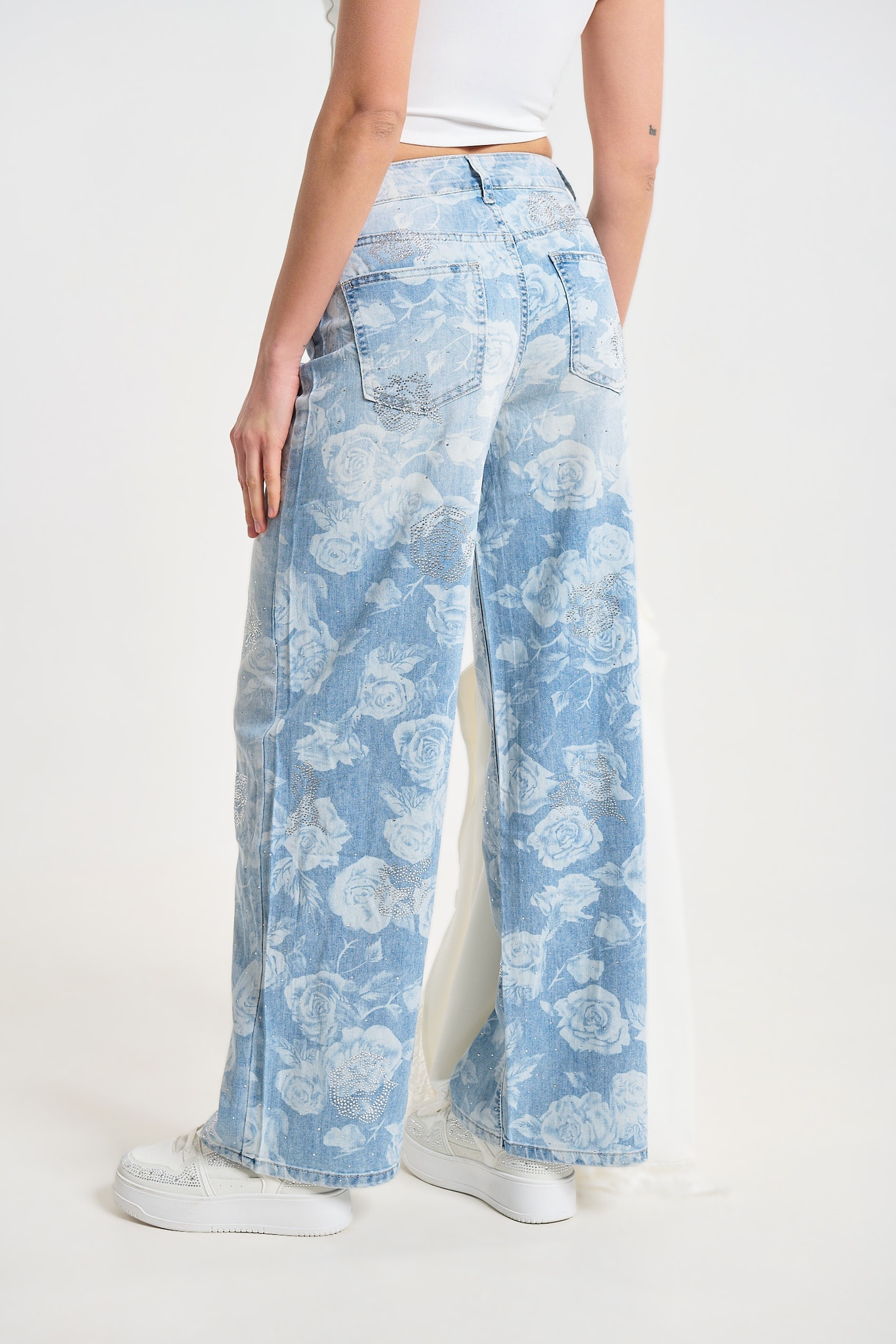 Light Blue Floral Print Wide-Leg Denim Jeans
