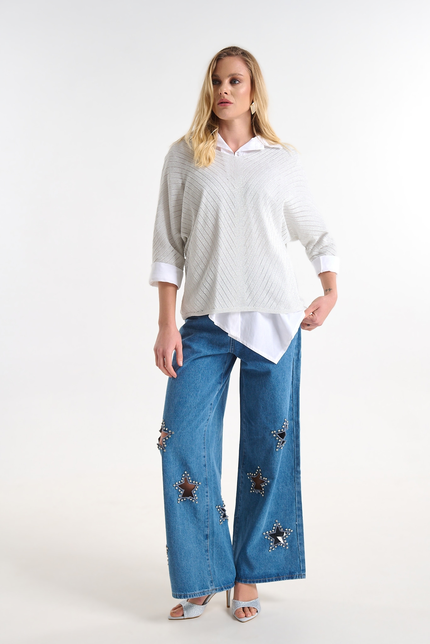 Wide Leg Jeans with Decorative Star Details