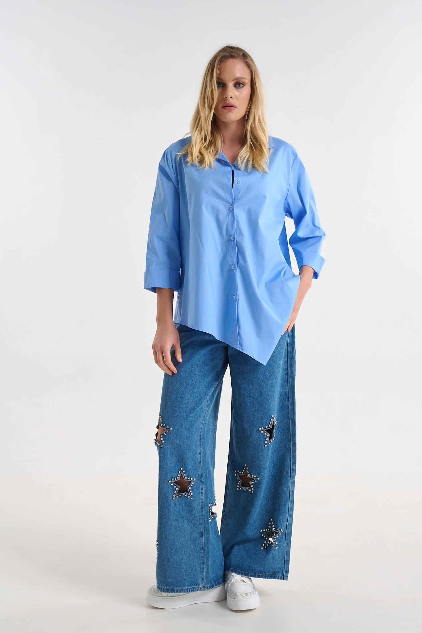 Wide Leg Jeans with Decorative Star Details