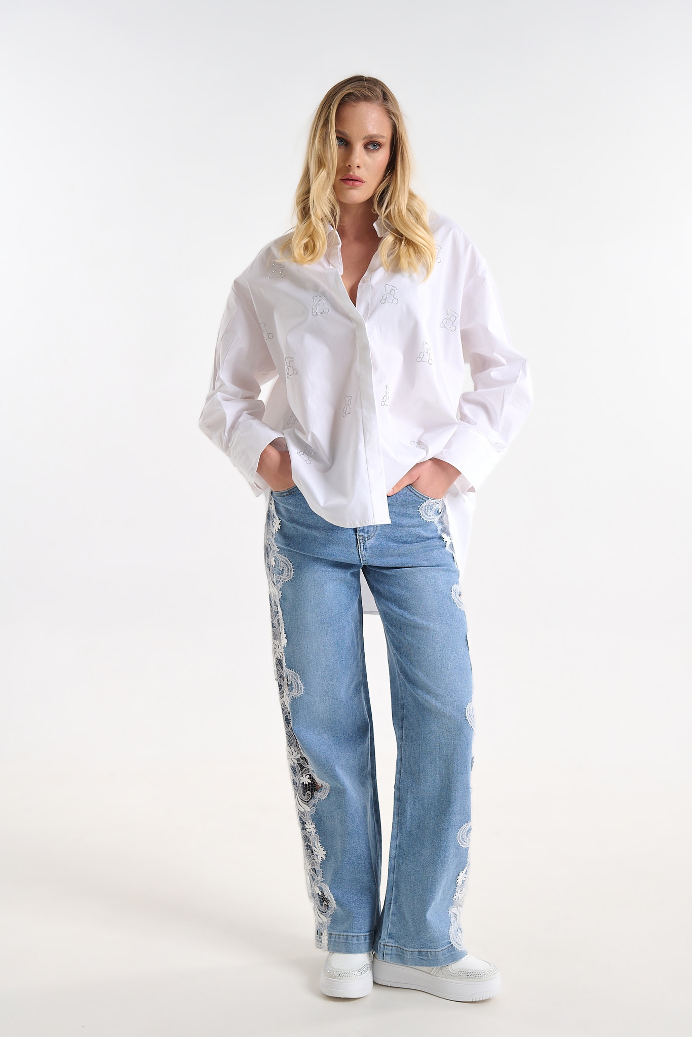 Wide Leg Denim Pants with Side Lace Detail
