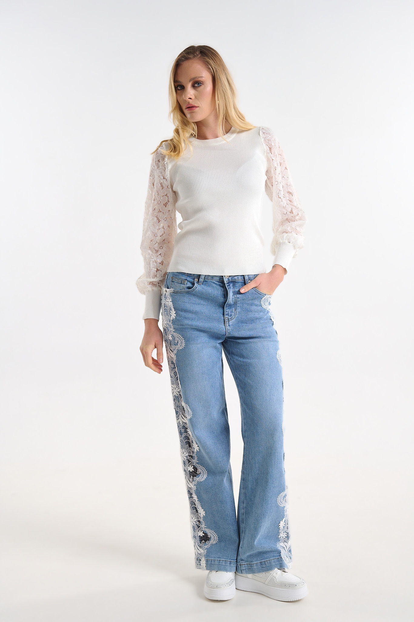 Wide Leg Denim Pants with Side Lace Detail