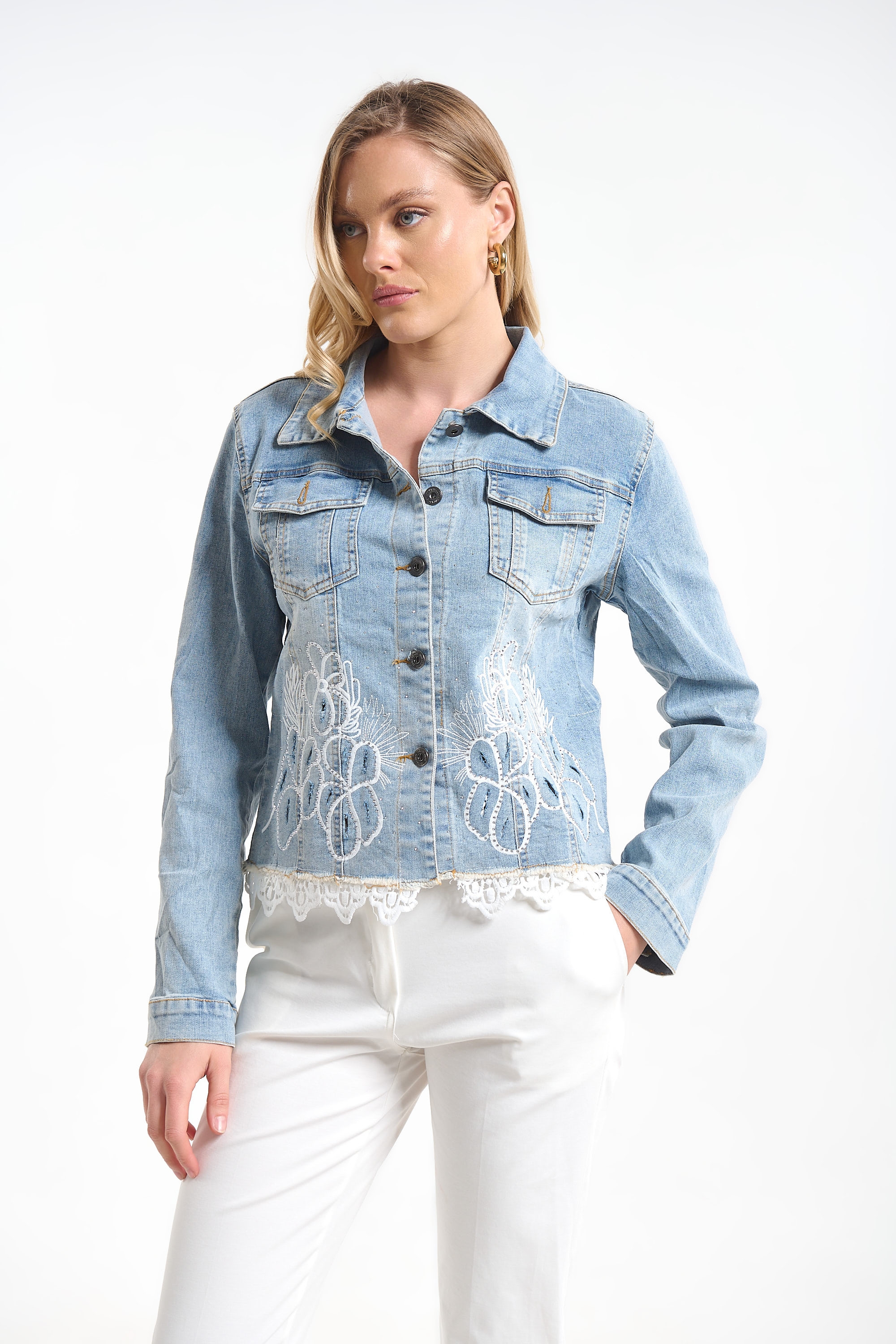 Denim Jacket with Lace Detail for Women