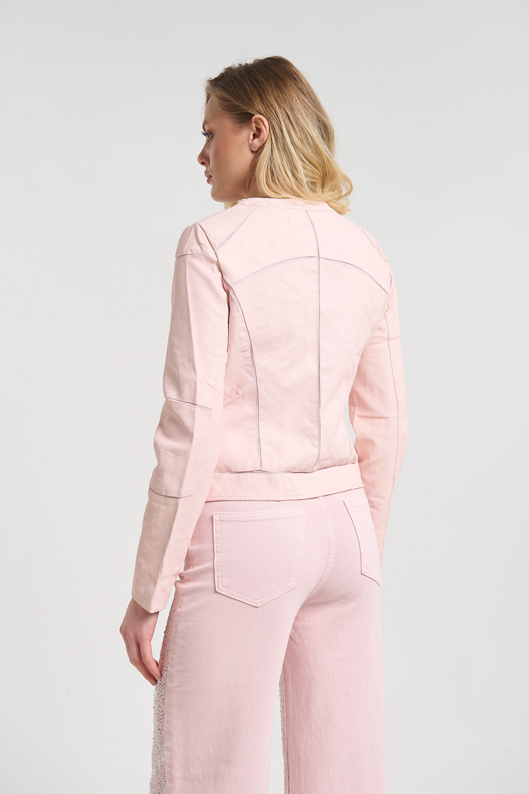 Women’s Pink Cropped Faux Leather Jacket with Zipper