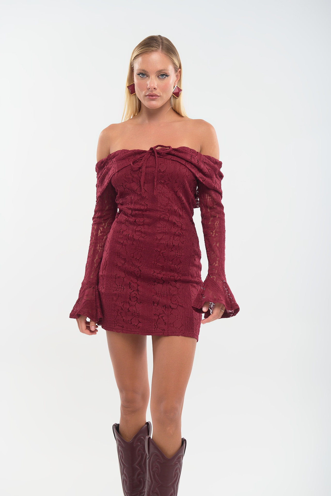 Off Shoulder Δαντελένιο Φόρεμα