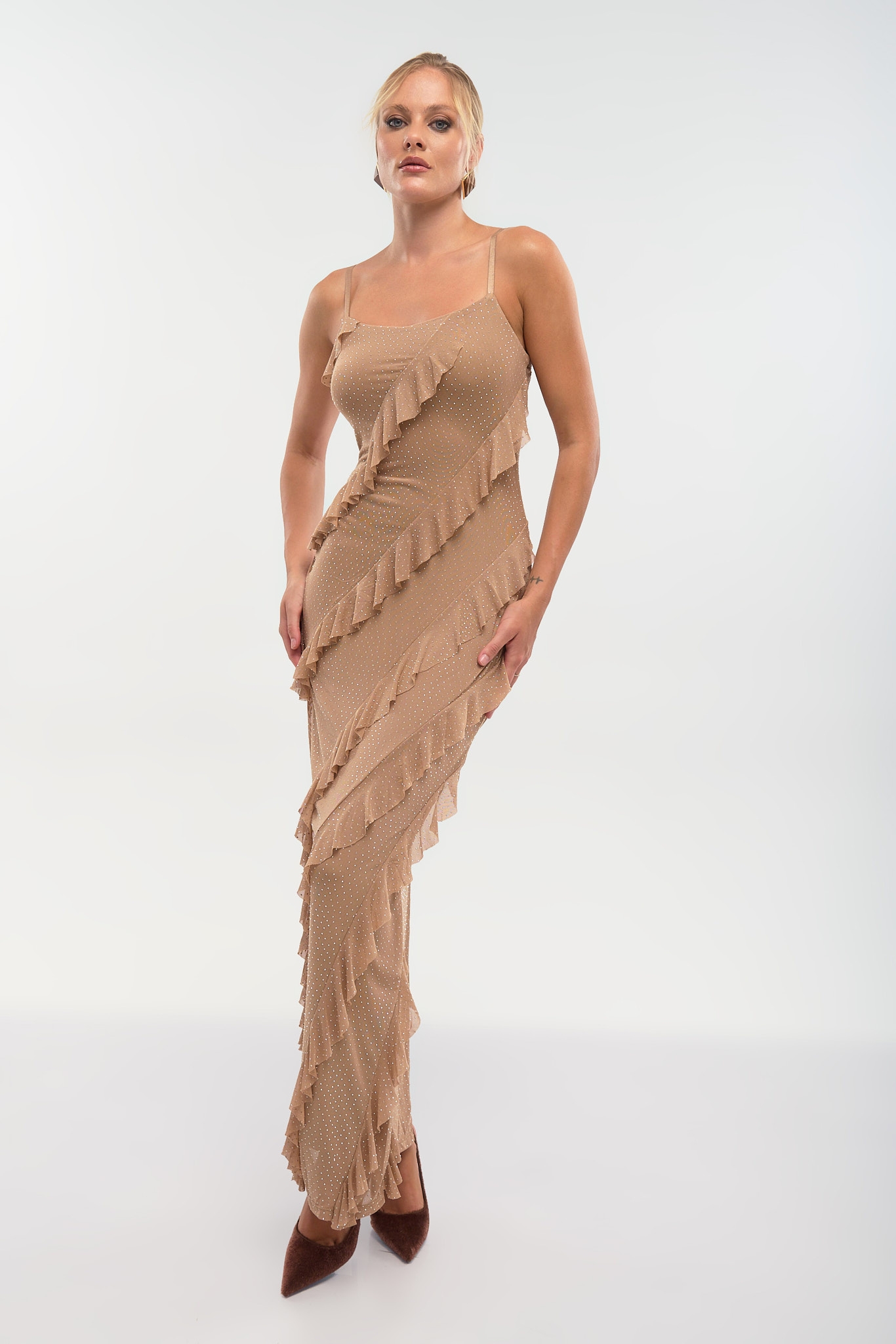 Maxi Strass Dress with Asymmetric Ruffle Details