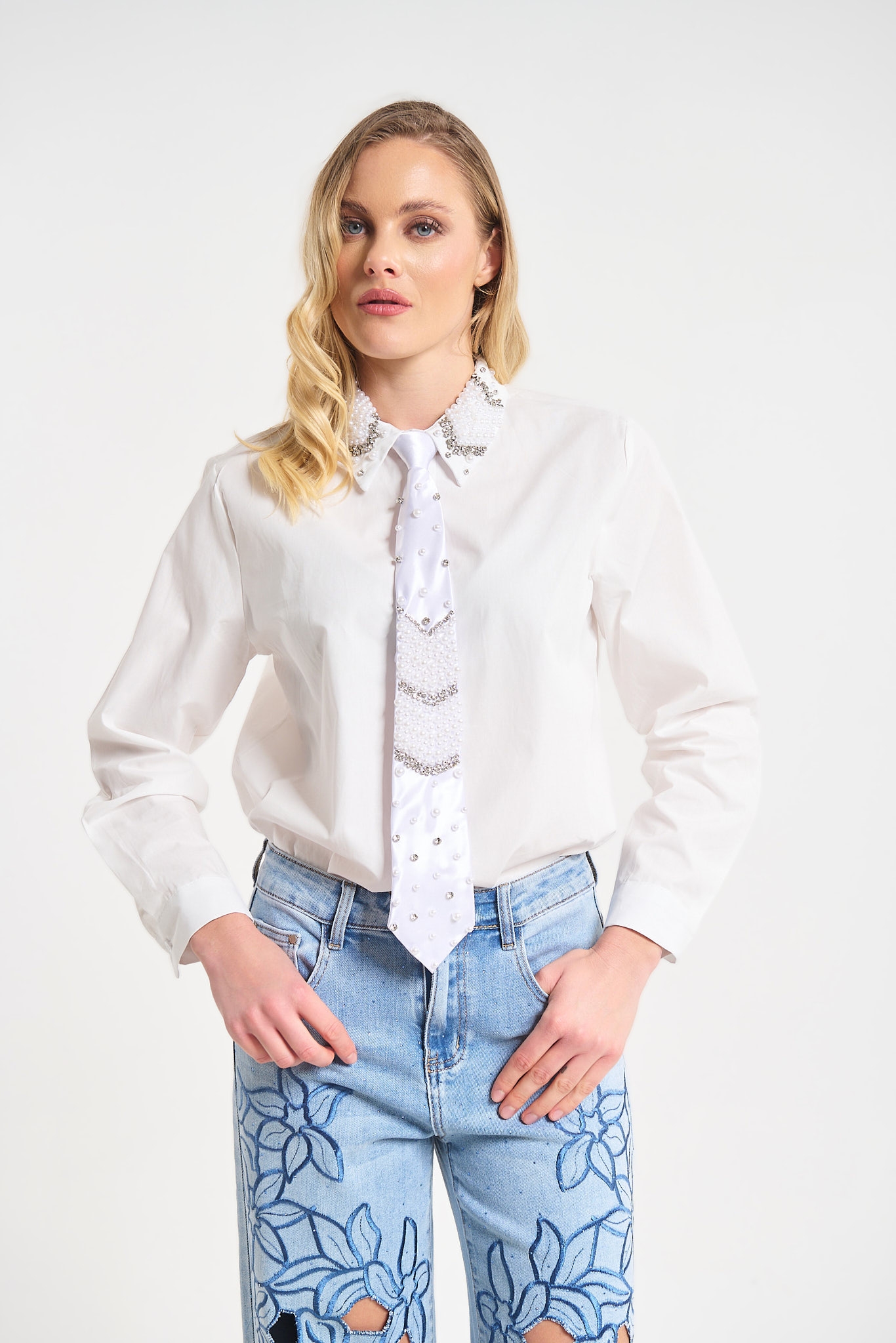 Shirt with Decorative Pearl Tie