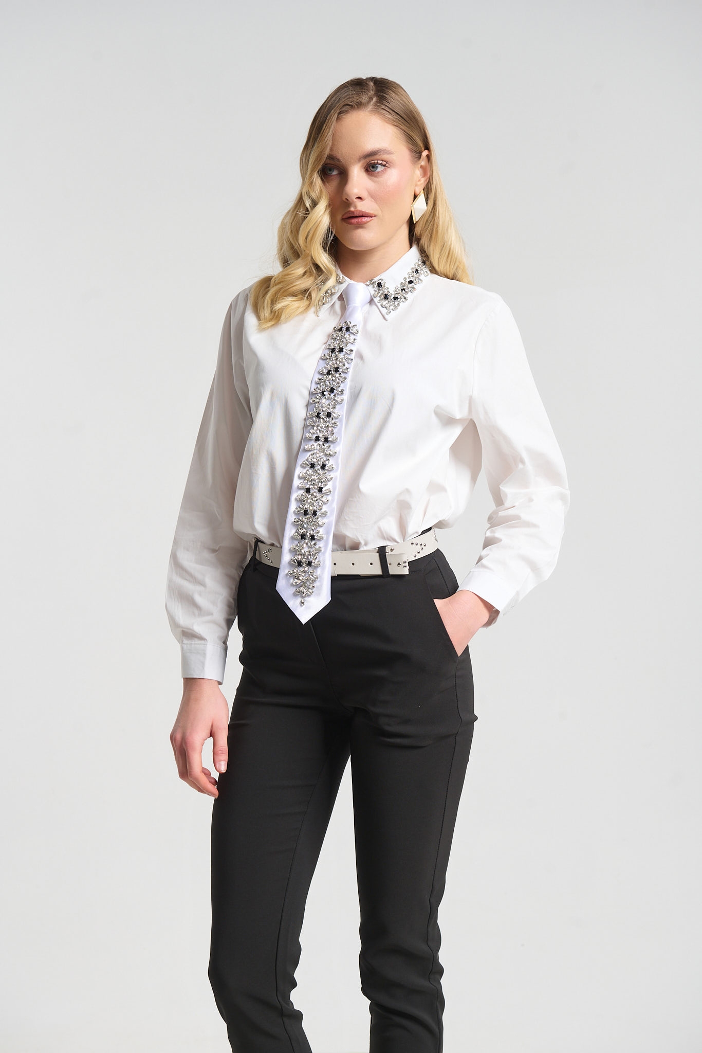 Rhrinestoned Tie Shirt