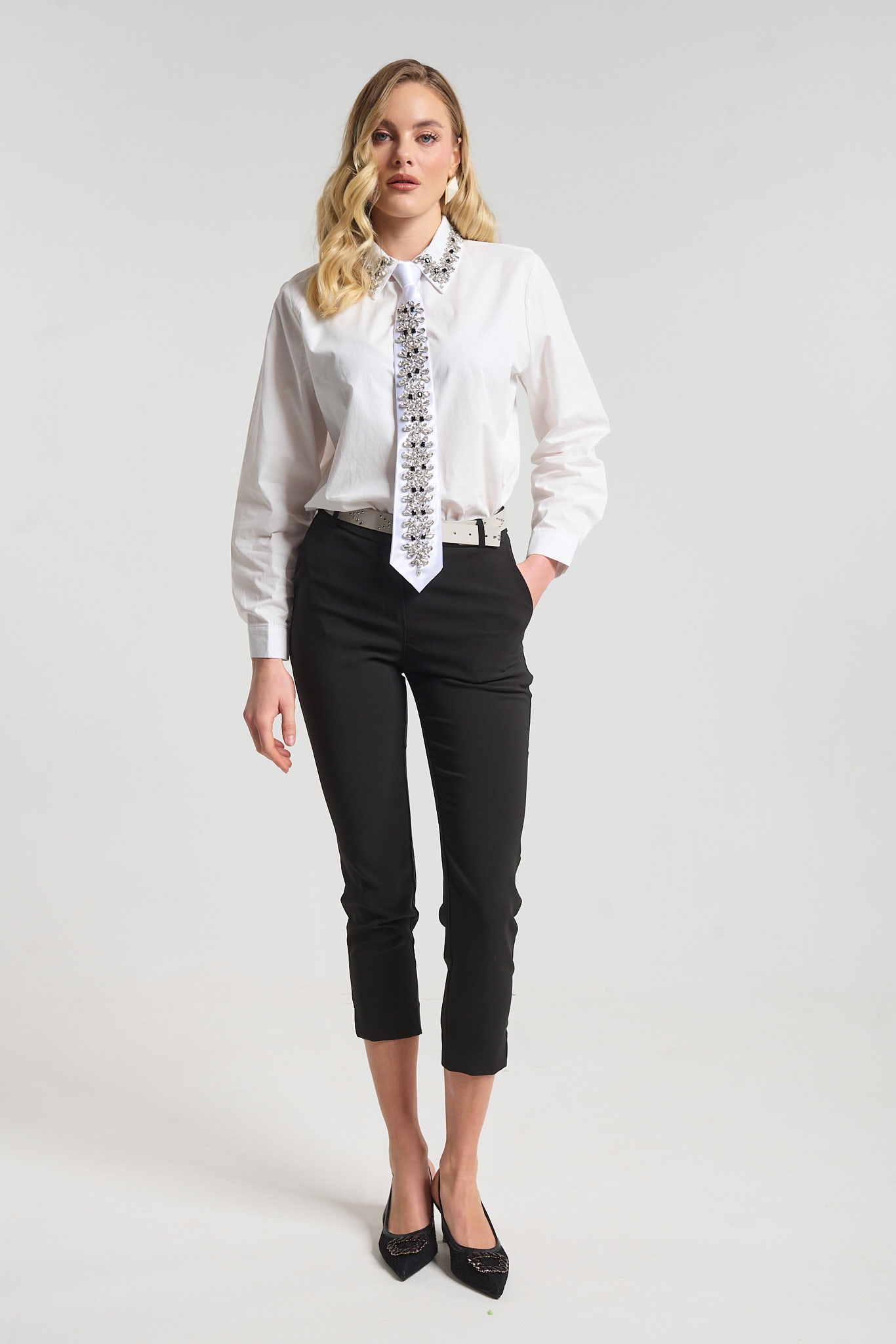 Rhrinestoned Tie Shirt