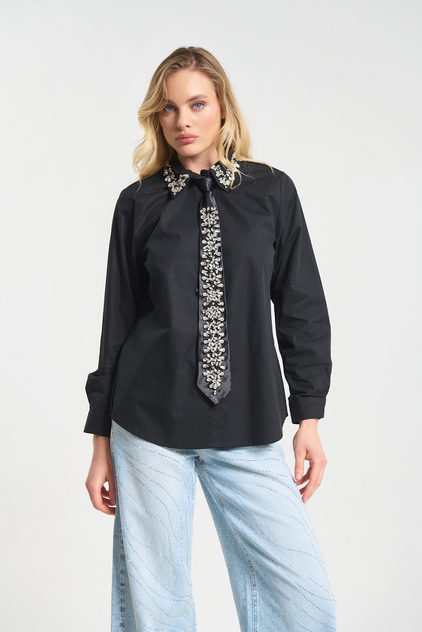 Rhrinestoned Tie Shirt
