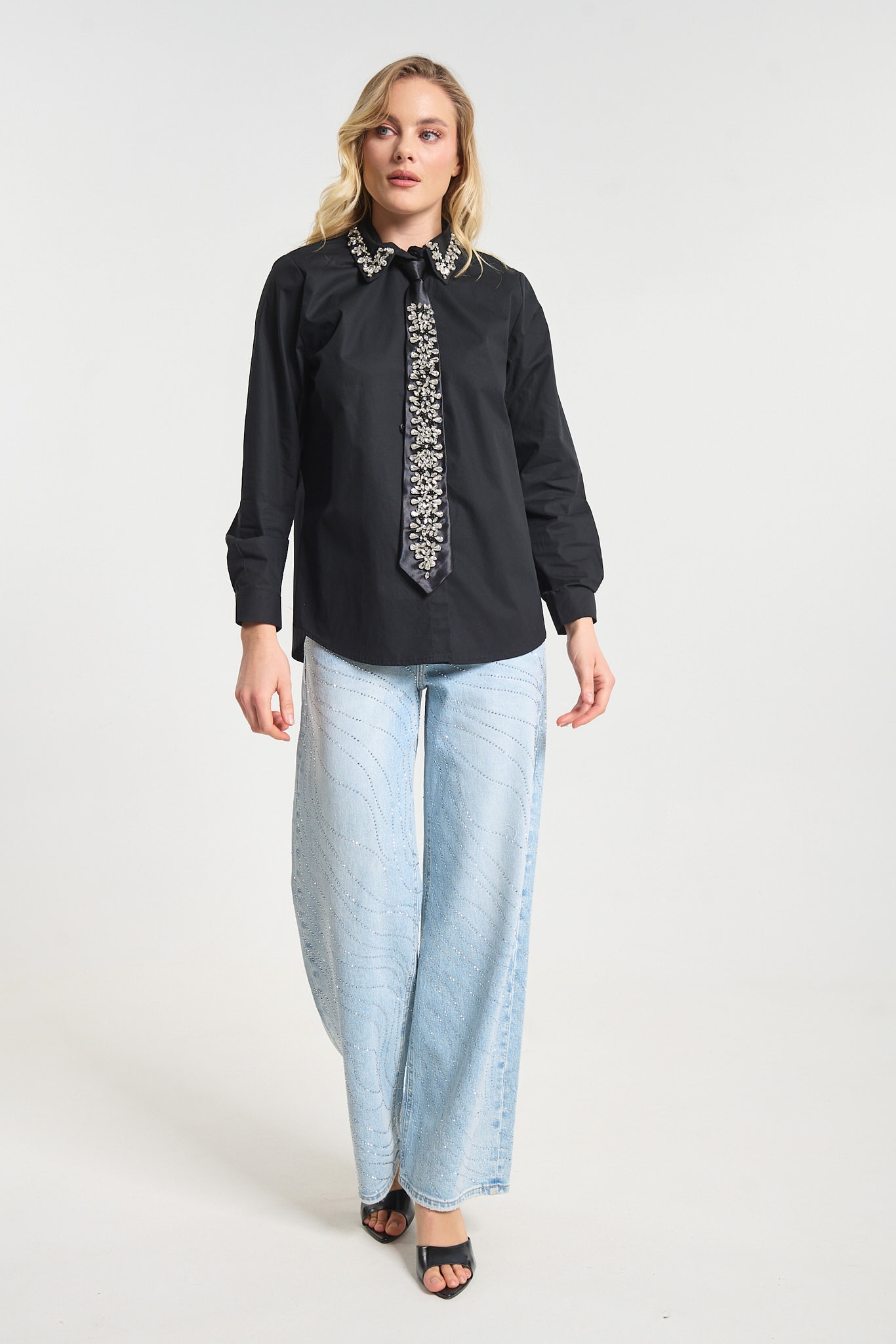 Rhrinestoned Tie Shirt