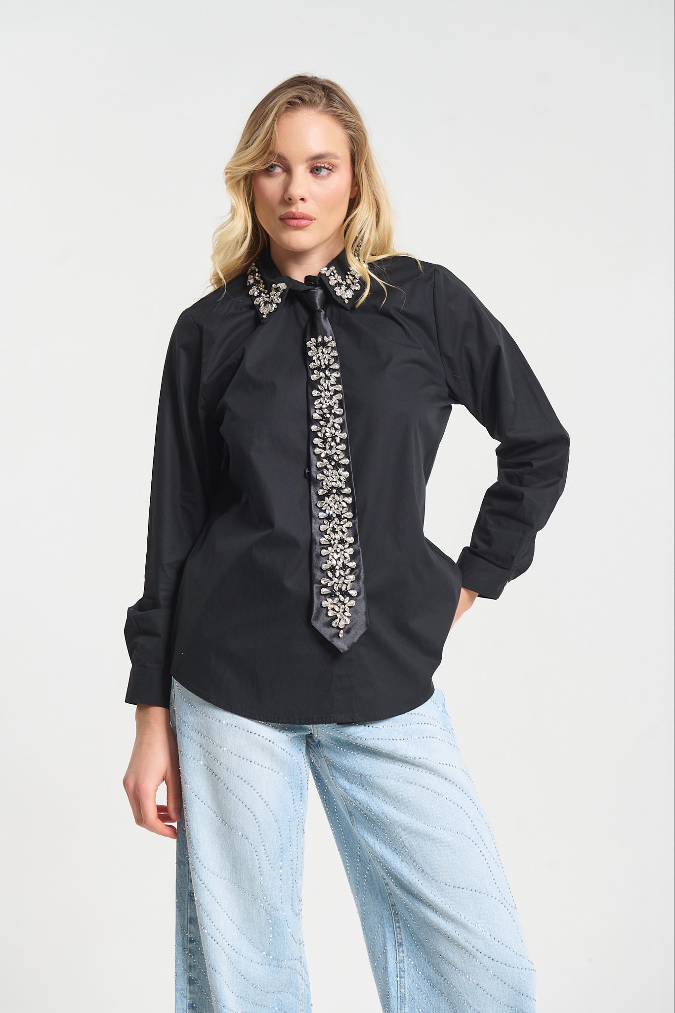 Rhrinestoned Tie Shirt