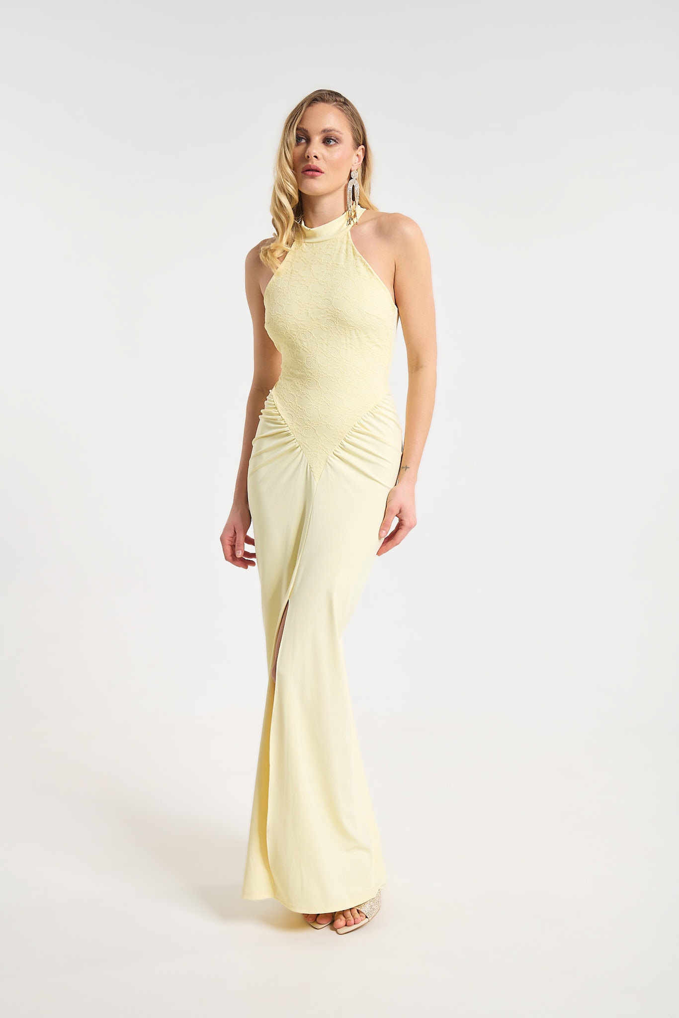 Lace Halter Neck Maxi Dress with Side Slit