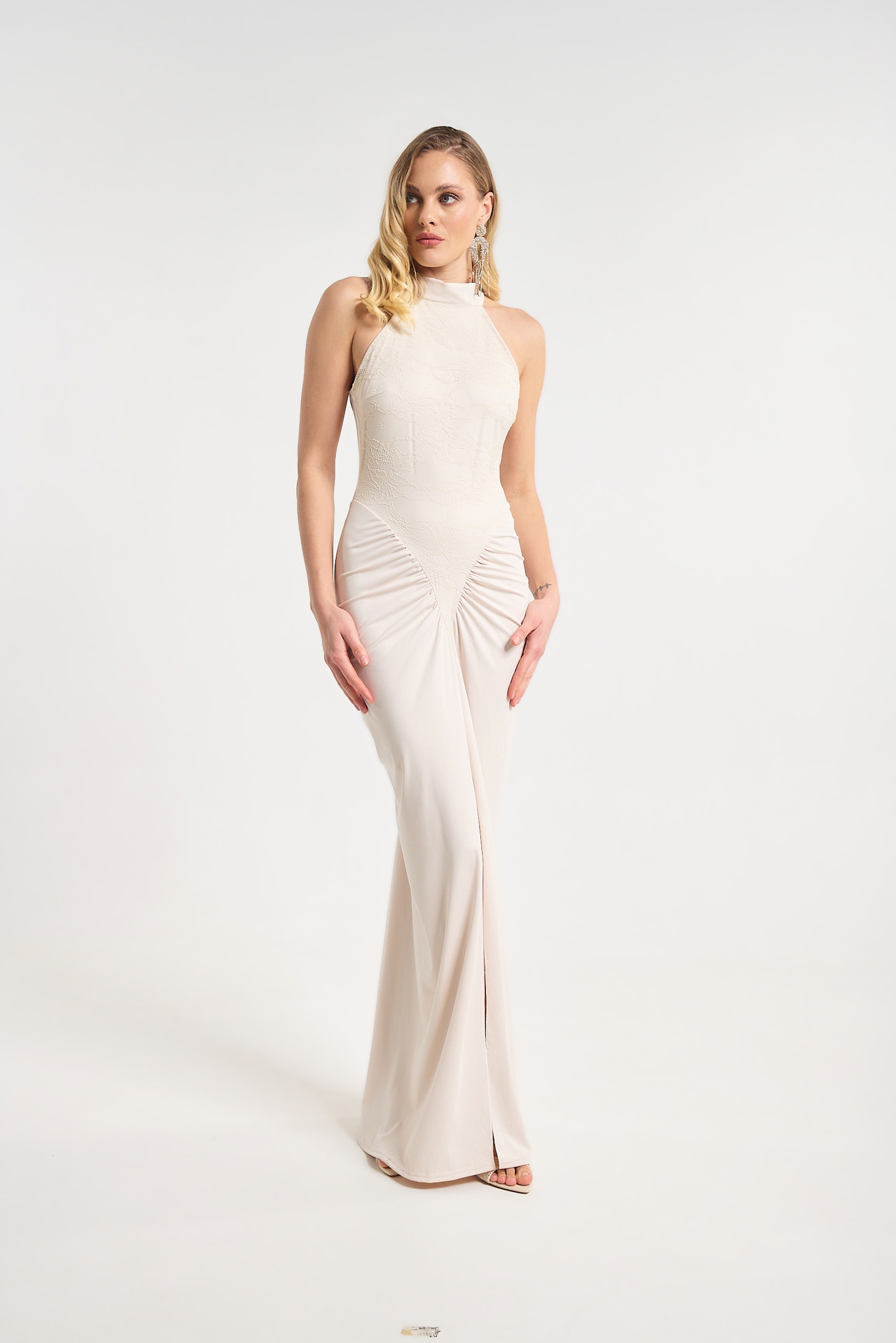 Lace Halter Neck Maxi Dress with Side Slit