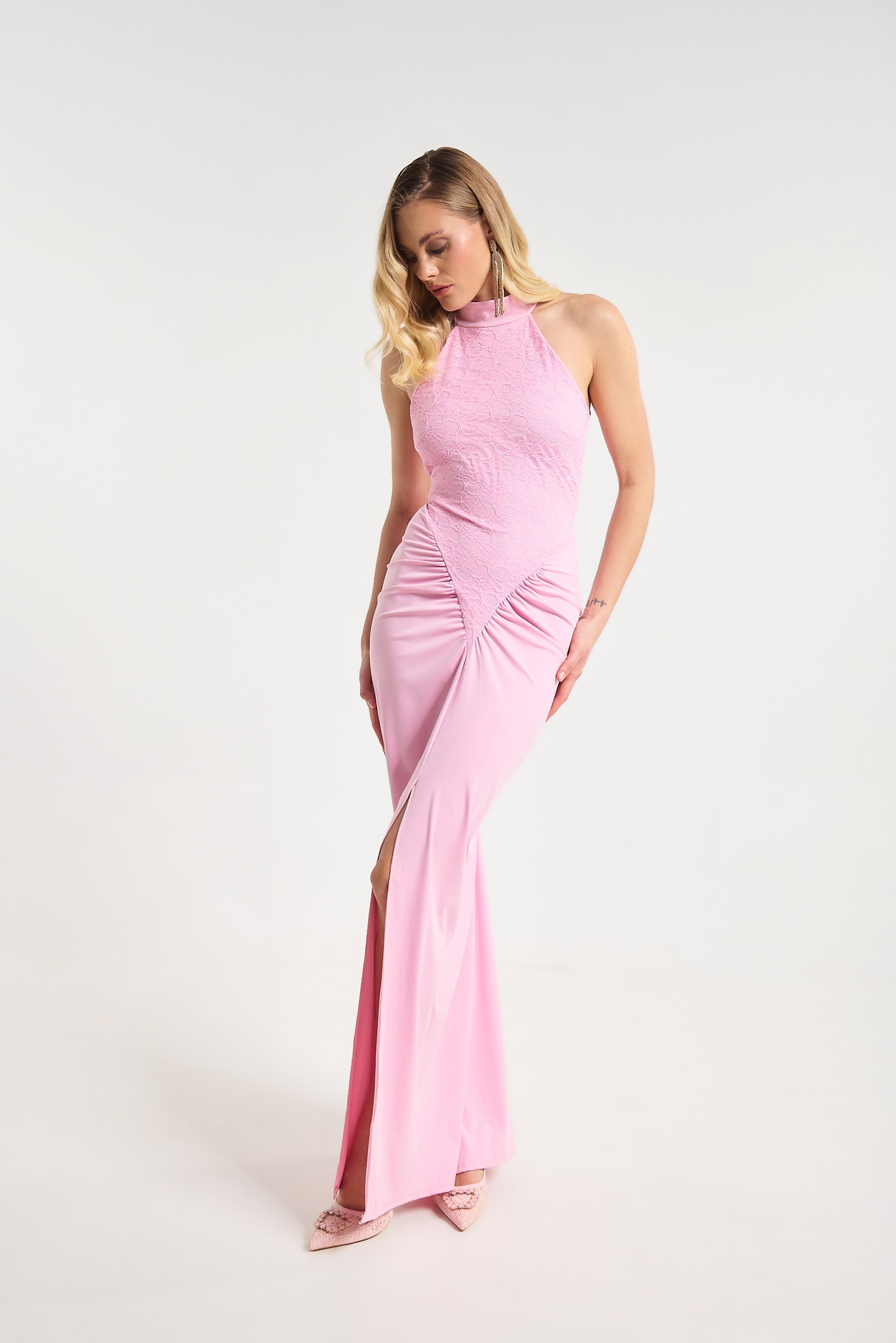 Lace Halter Neck Maxi Dress with Side Slit